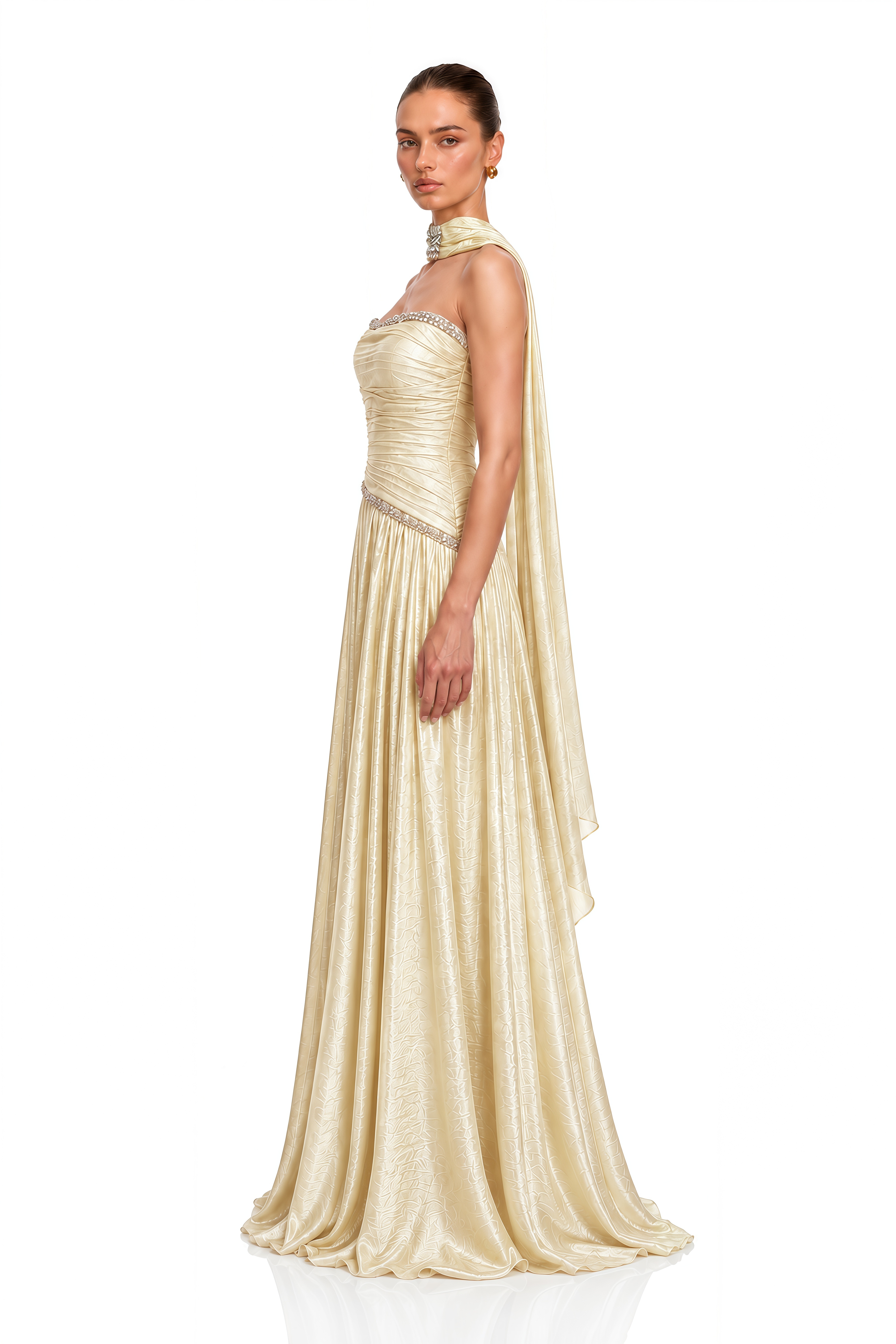 Aurelia Yellow Shimmer Crystal-Embellished Ruched Maxi Dress