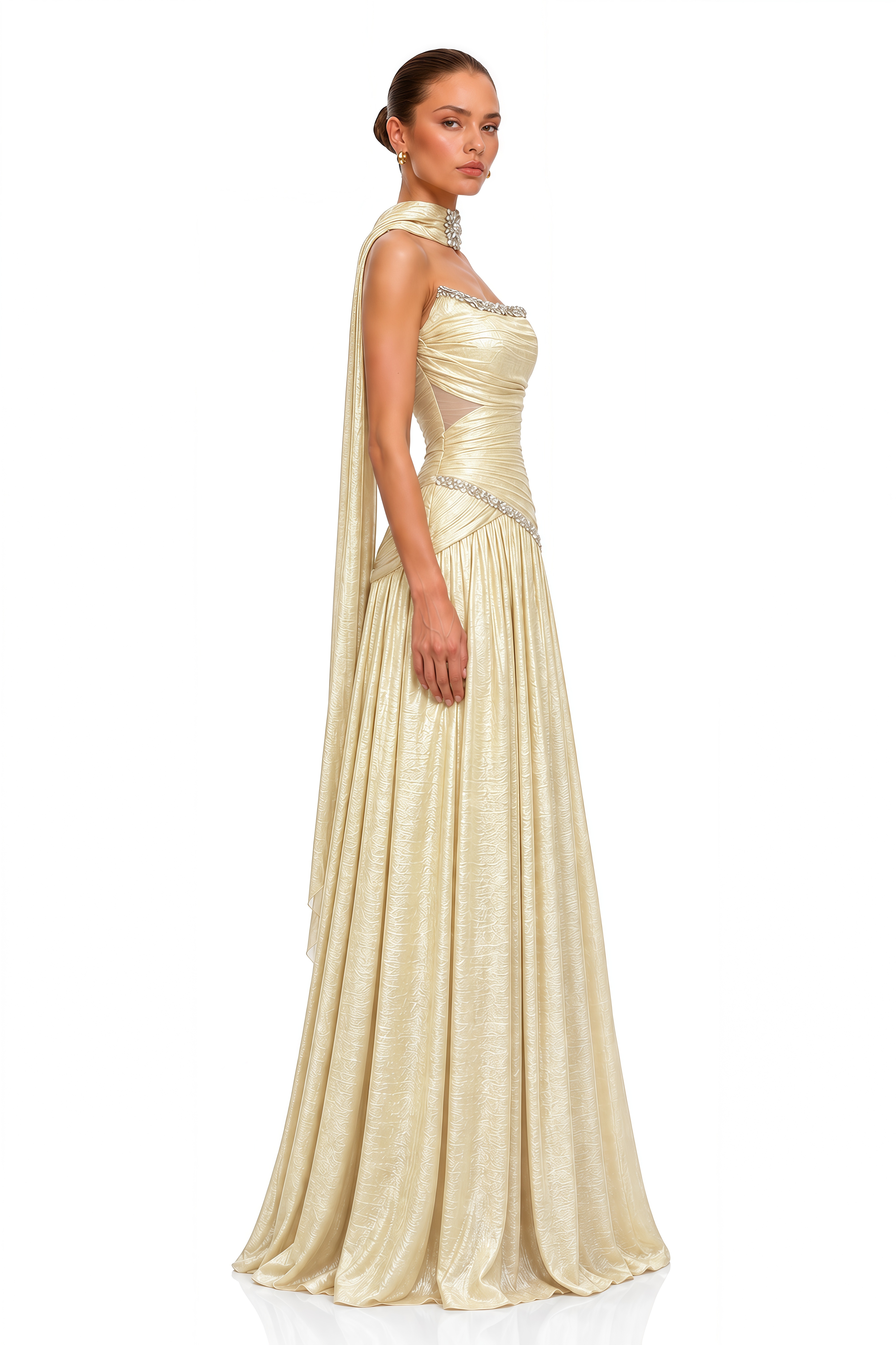 Aurelia Yellow Shimmer Crystal-Embellished Ruched Maxi Dress