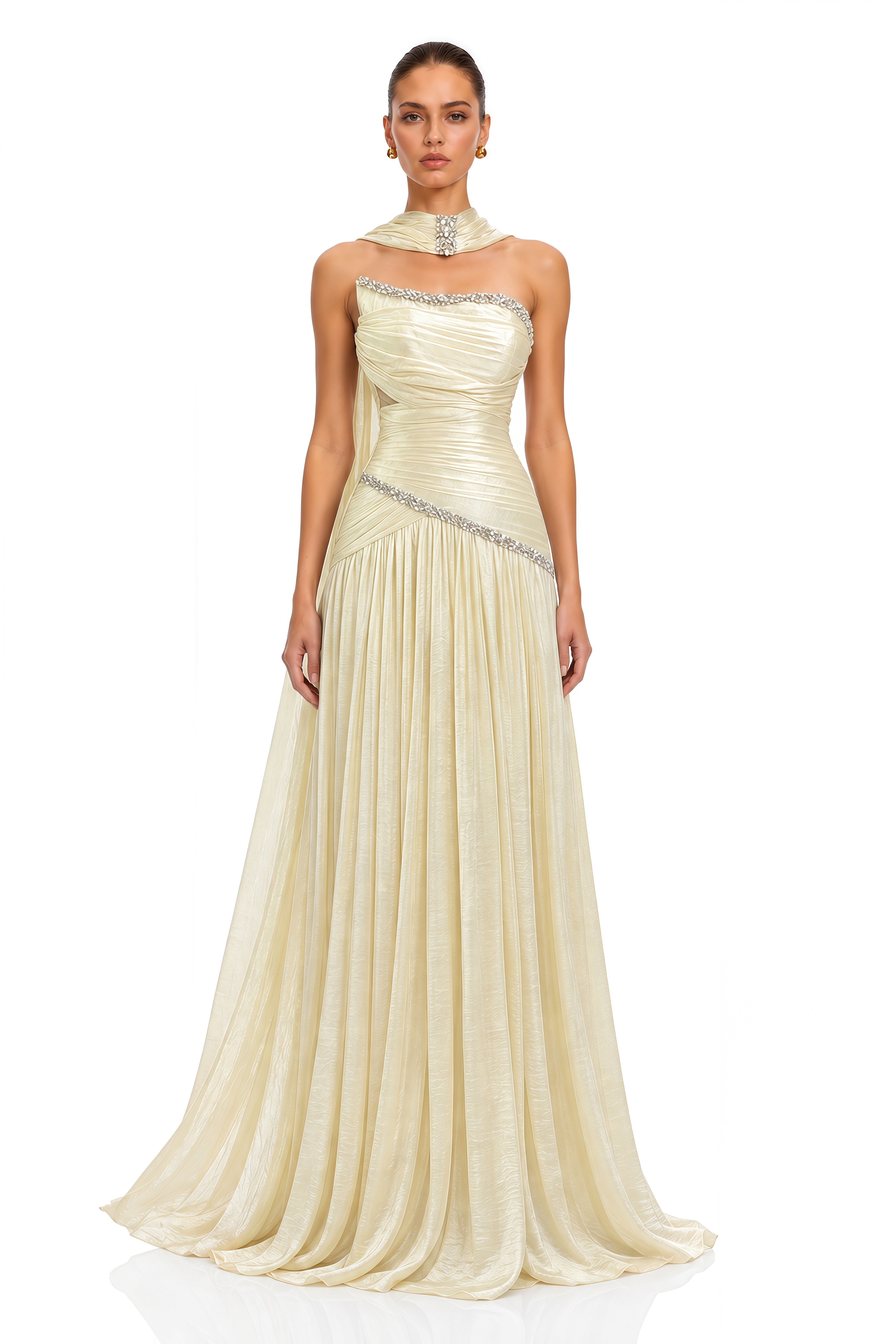 Aurelia Yellow Shimmer Crystal-Embellished Ruched Maxi Dress