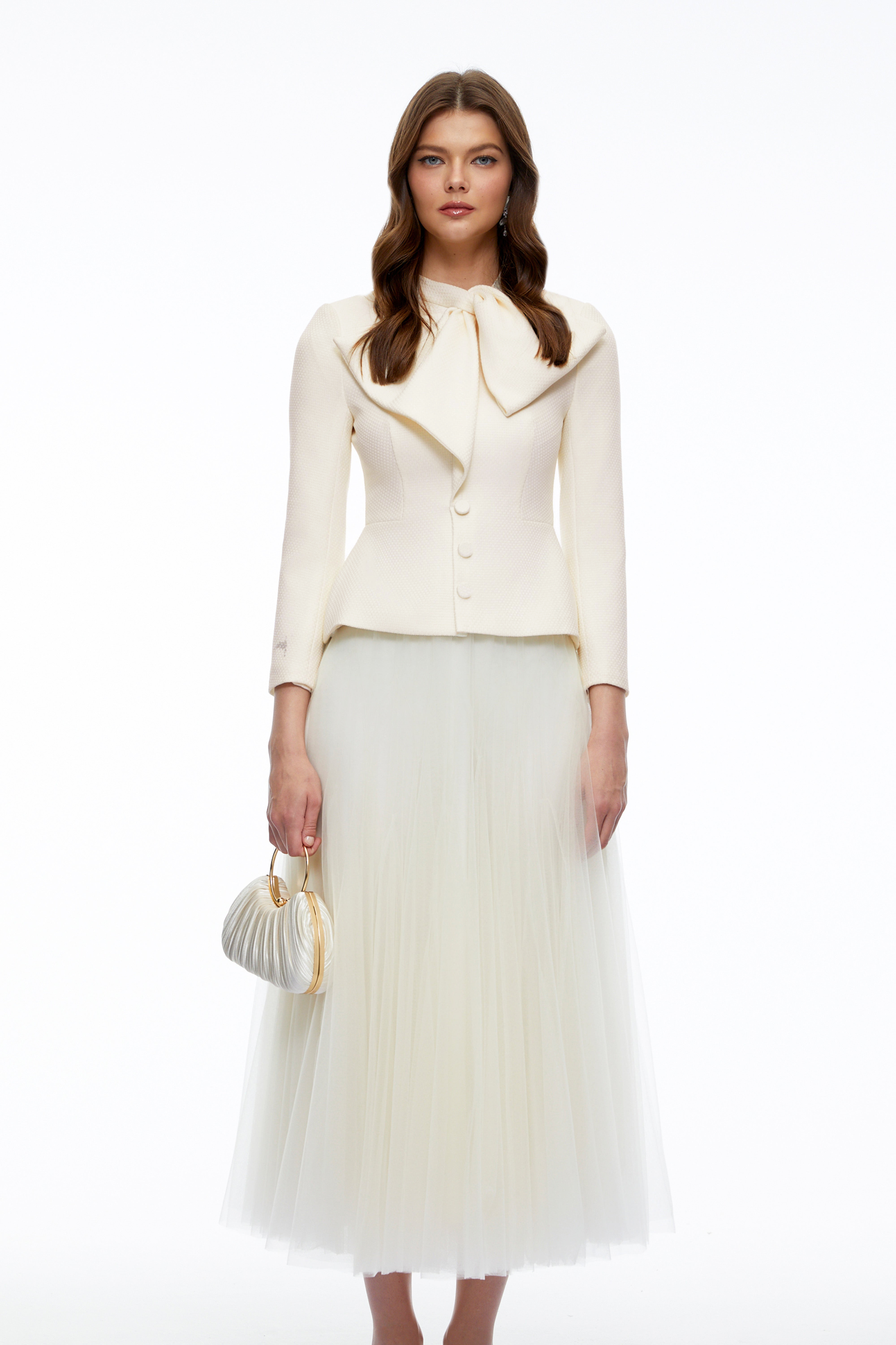 Aurelia White Bow Collar Jacket & Tulle Skirt Set