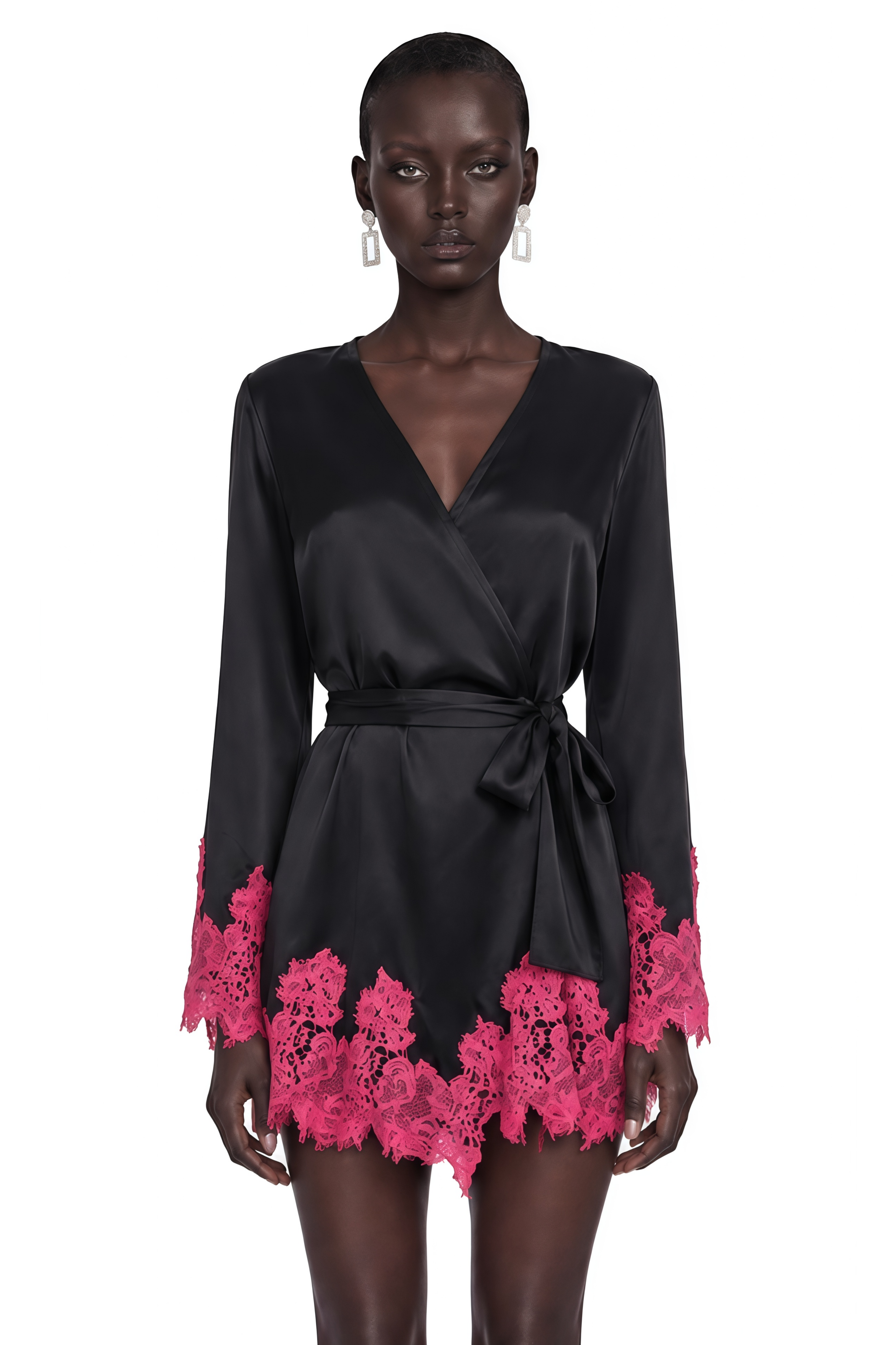 Aurelie Black Satin Wrap Mini Dress with Lace