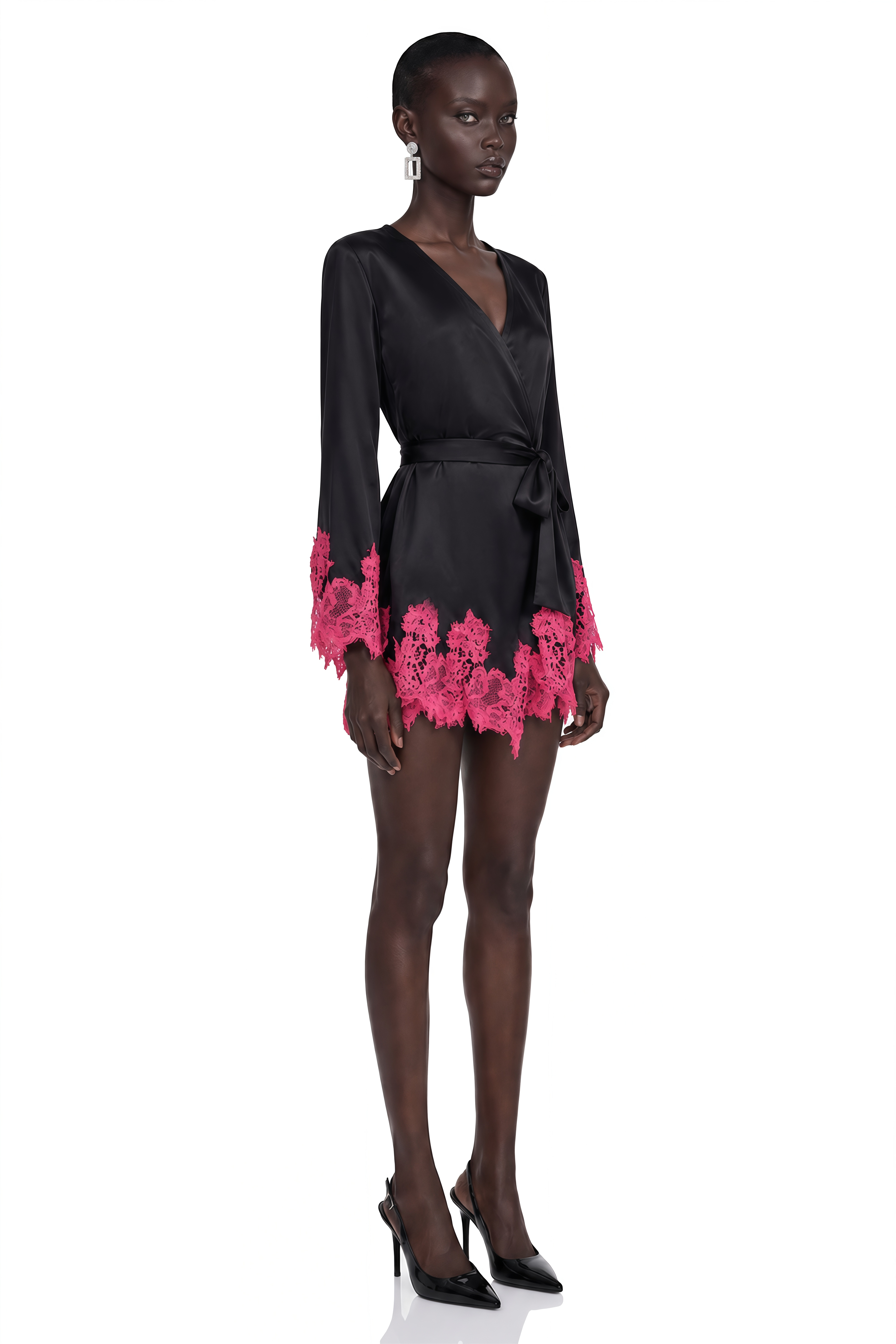 Aurelie Black Satin Wrap Mini Dress with Lace
