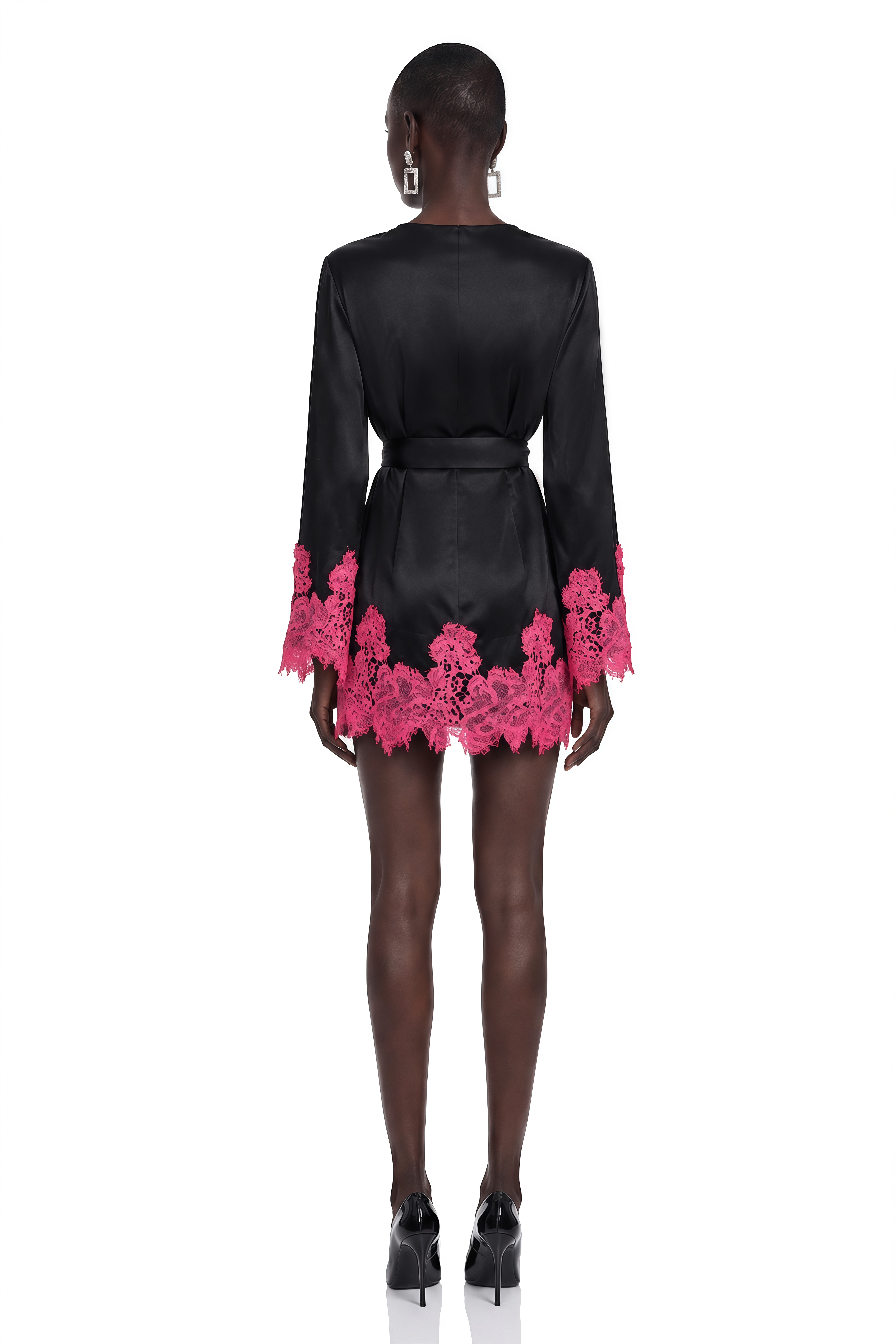 Aurelie Black Satin Wrap Mini Dress with Lace