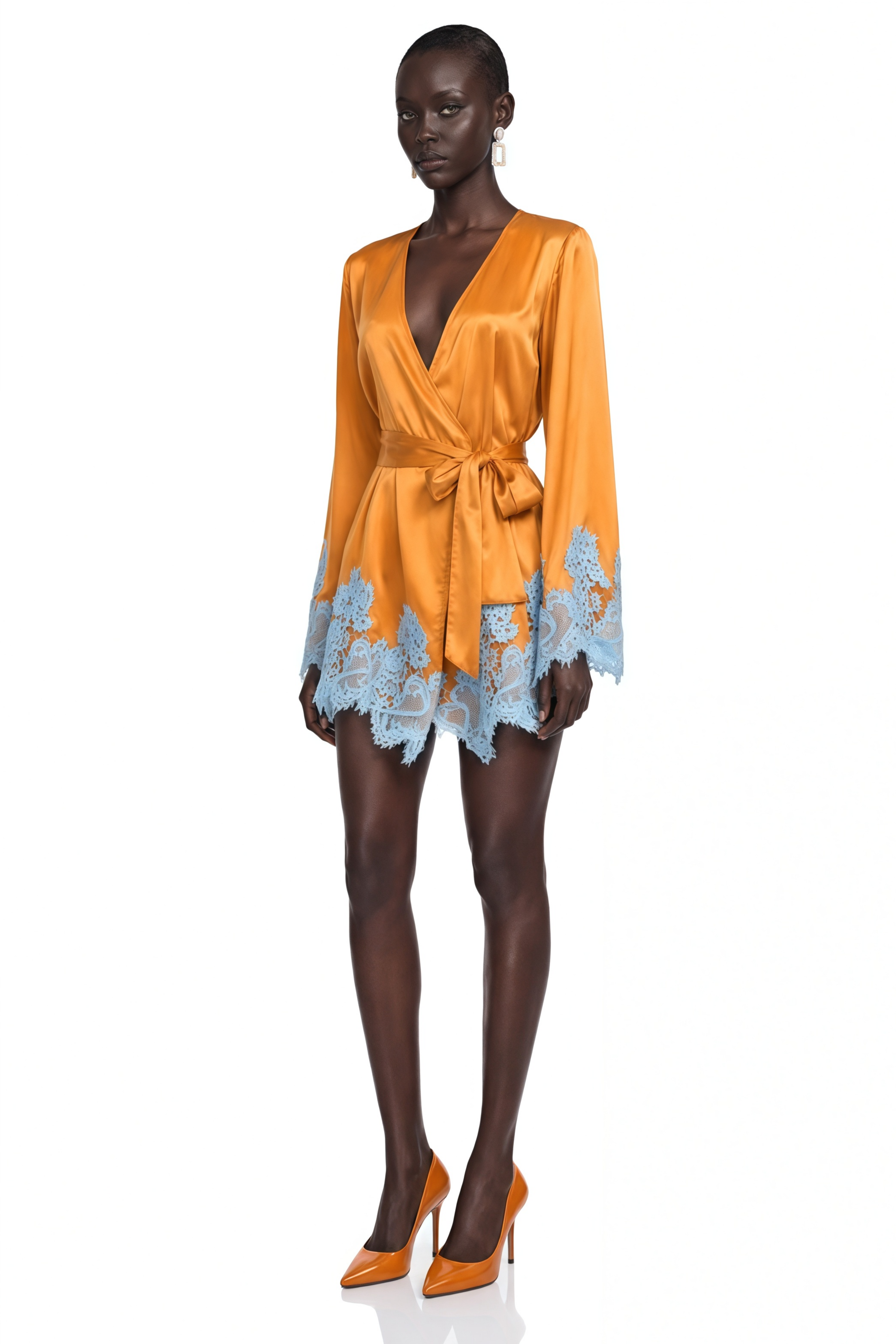 Aurelie Brown Wrap Mini Dress with Lace