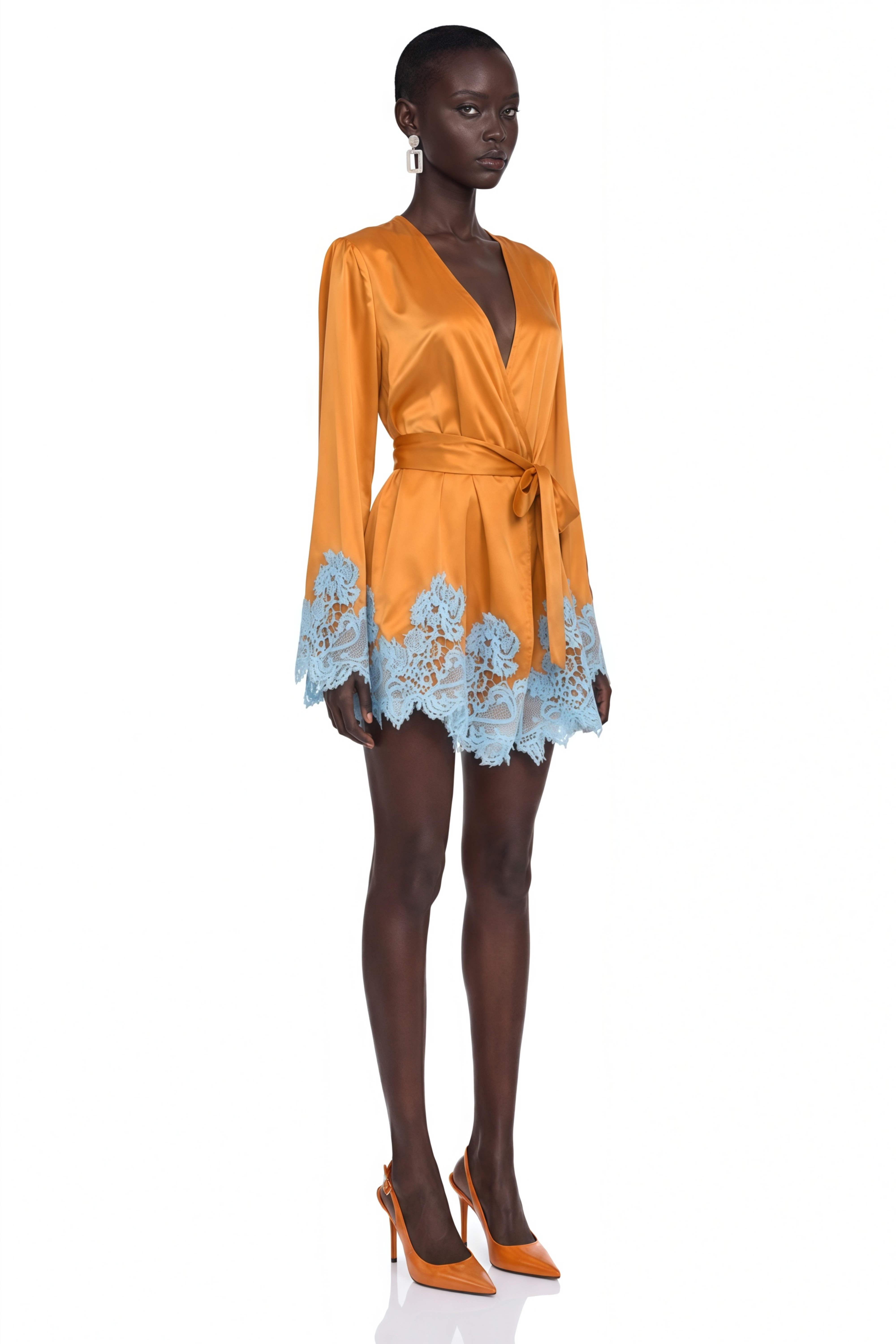 Aurelie Brown Wrap Mini Dress with Lace