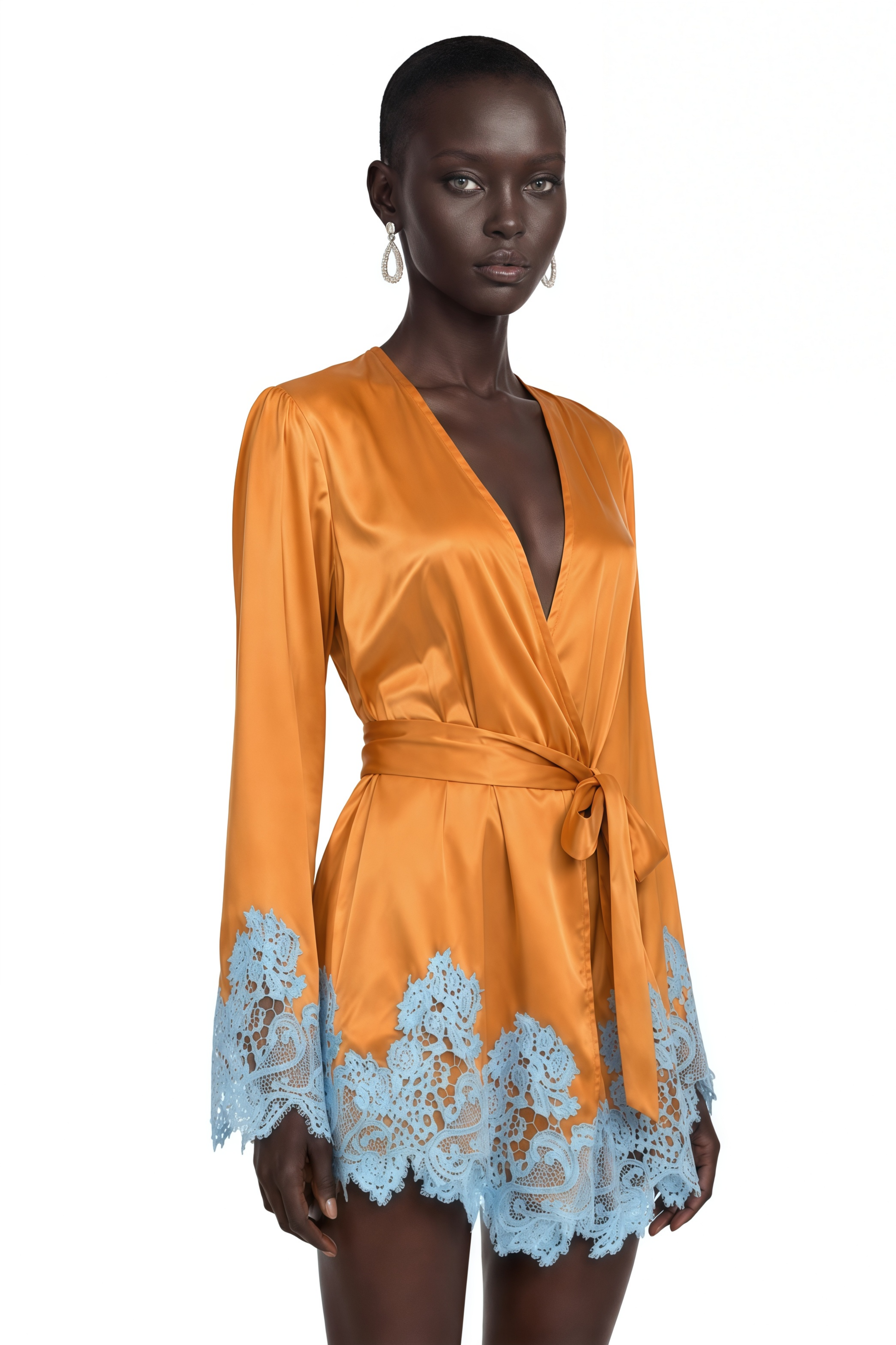 Aurelie Brown Wrap Mini Dress with Lace