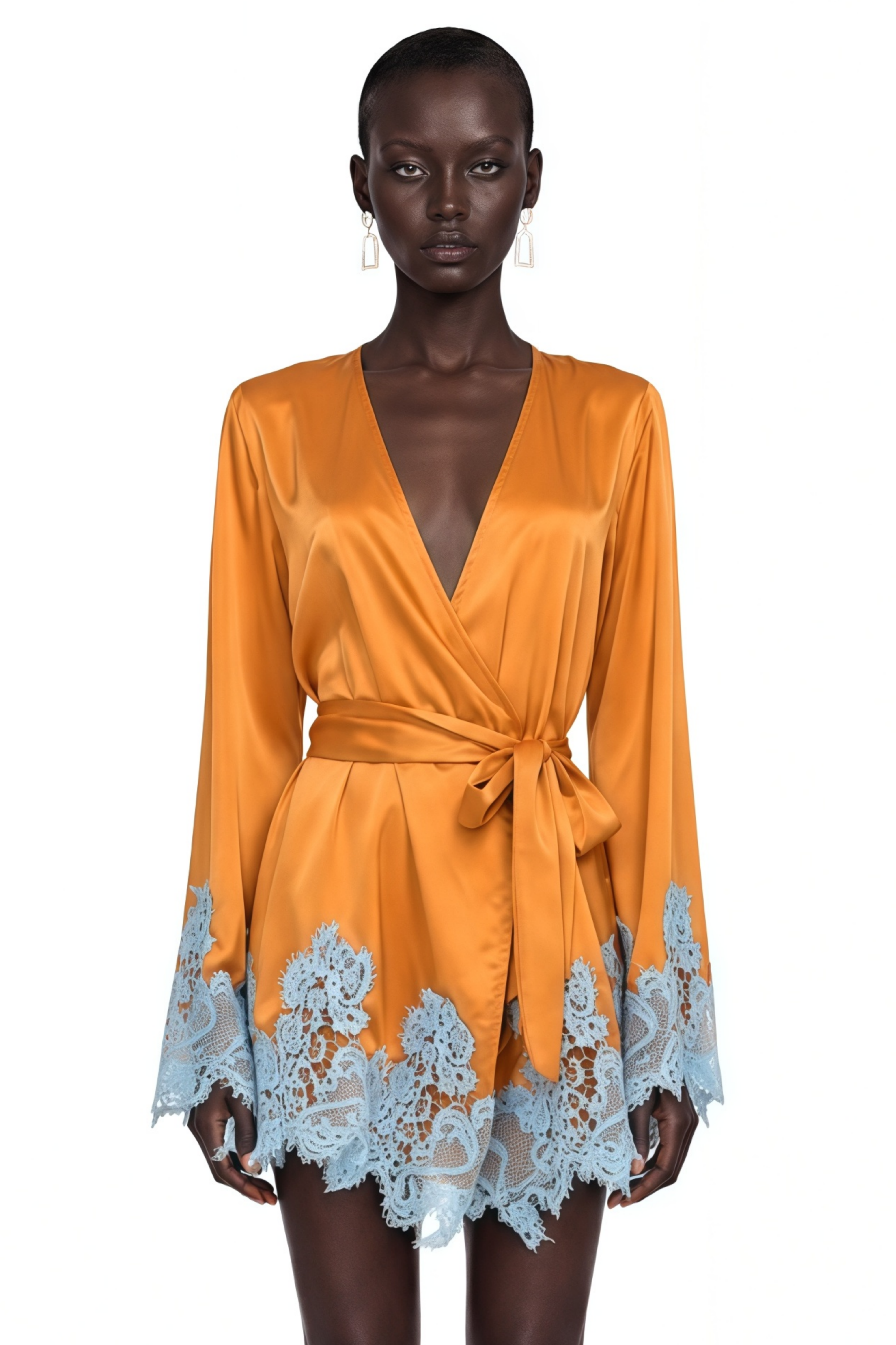 Aurelie Brown Wrap Mini Dress with Lace