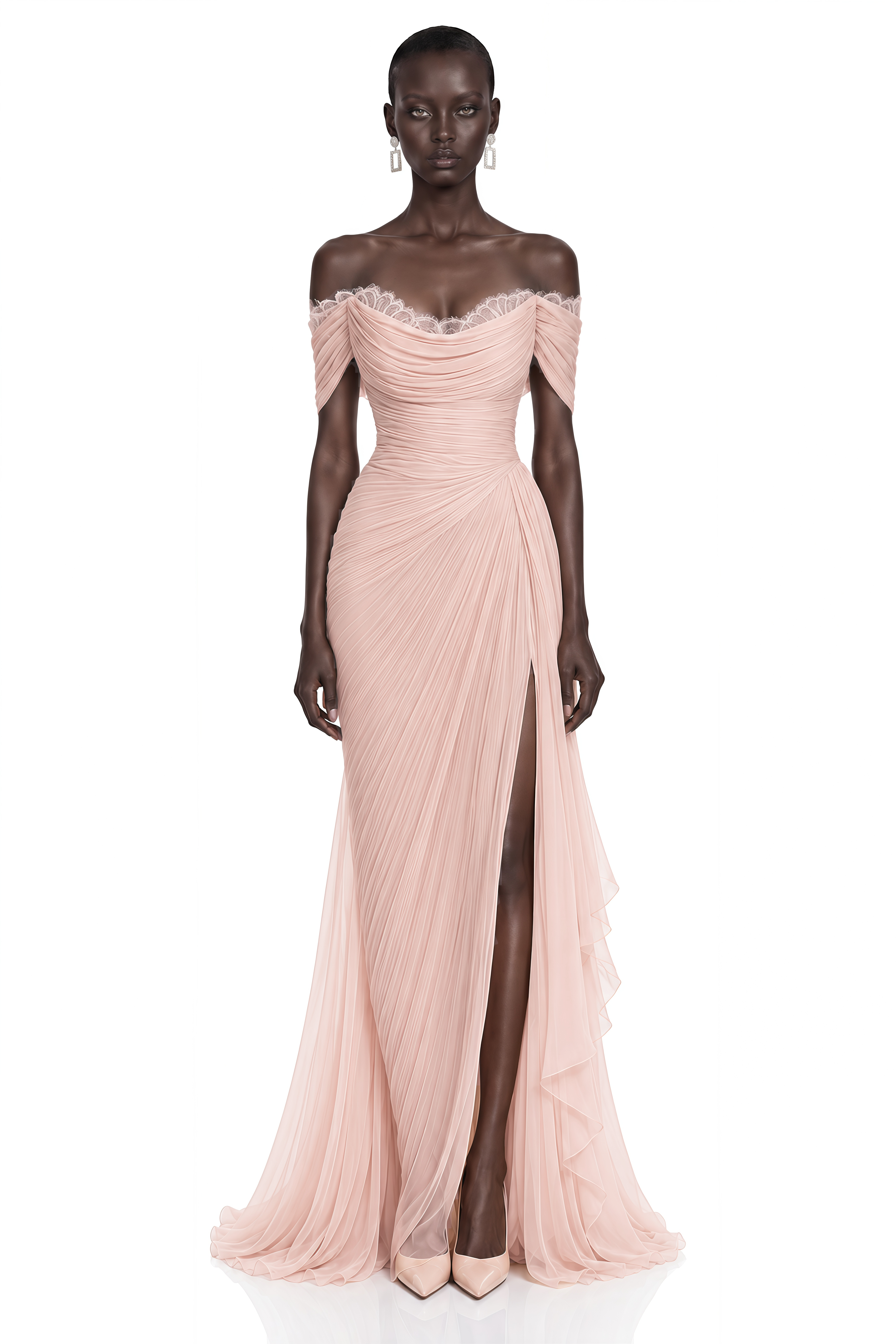 Aurembra Pink Lace Trim Off Shoulder Ruched Maxi Dress