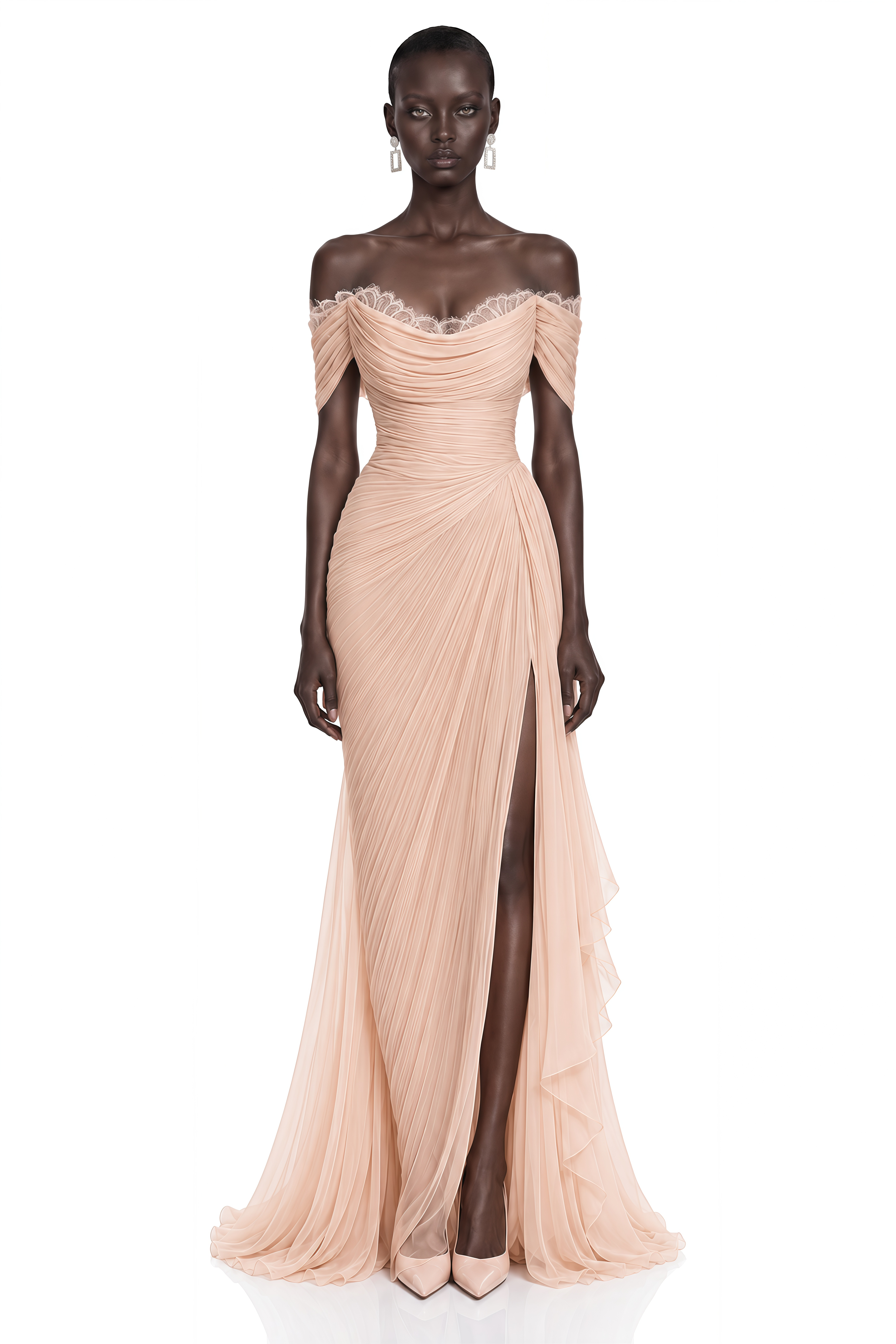 Aurembra Pink Lace Trim Off Shoulder Ruched Maxi Dress