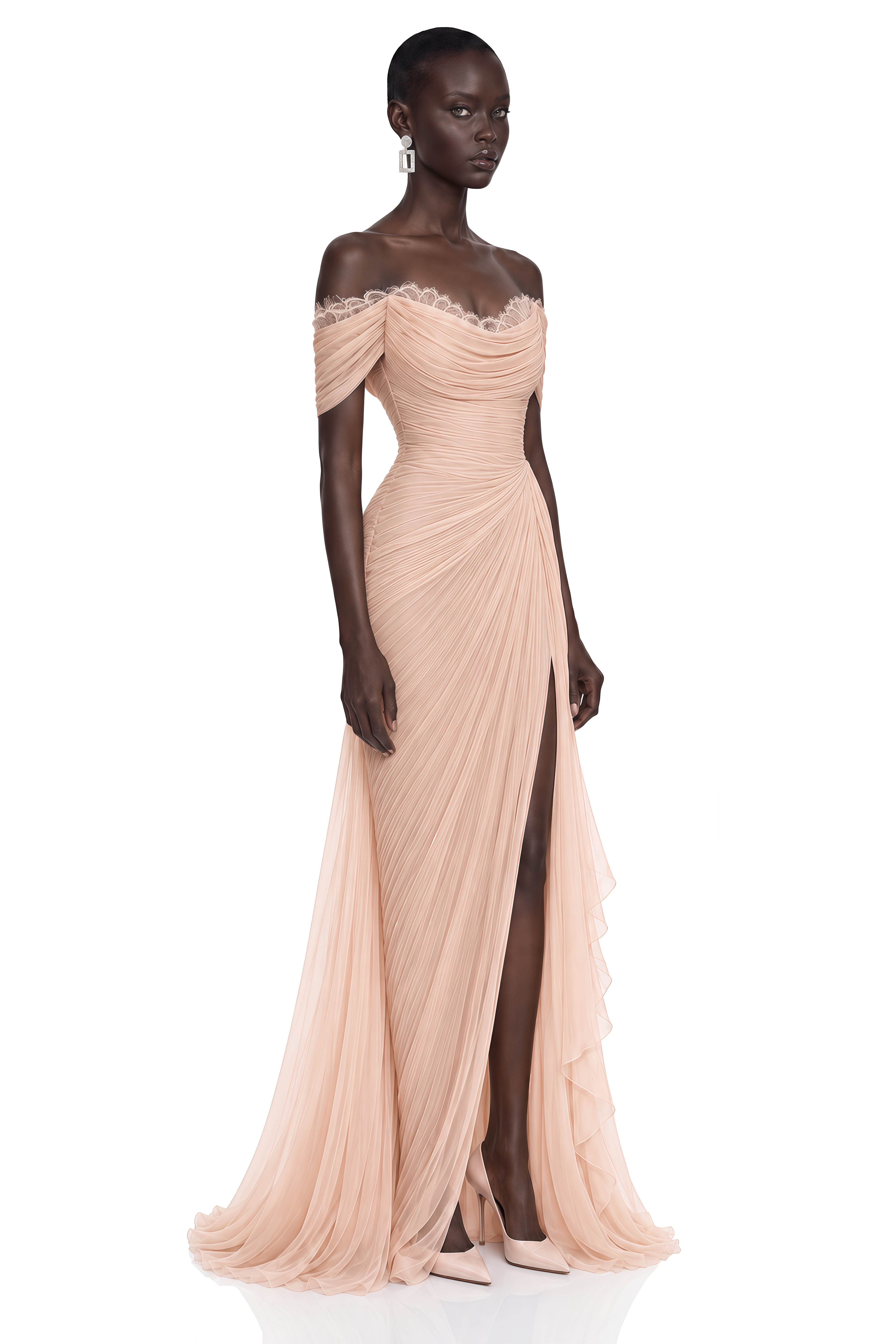 Aurembra Pink Lace Trim Off Shoulder Ruched Maxi Dress