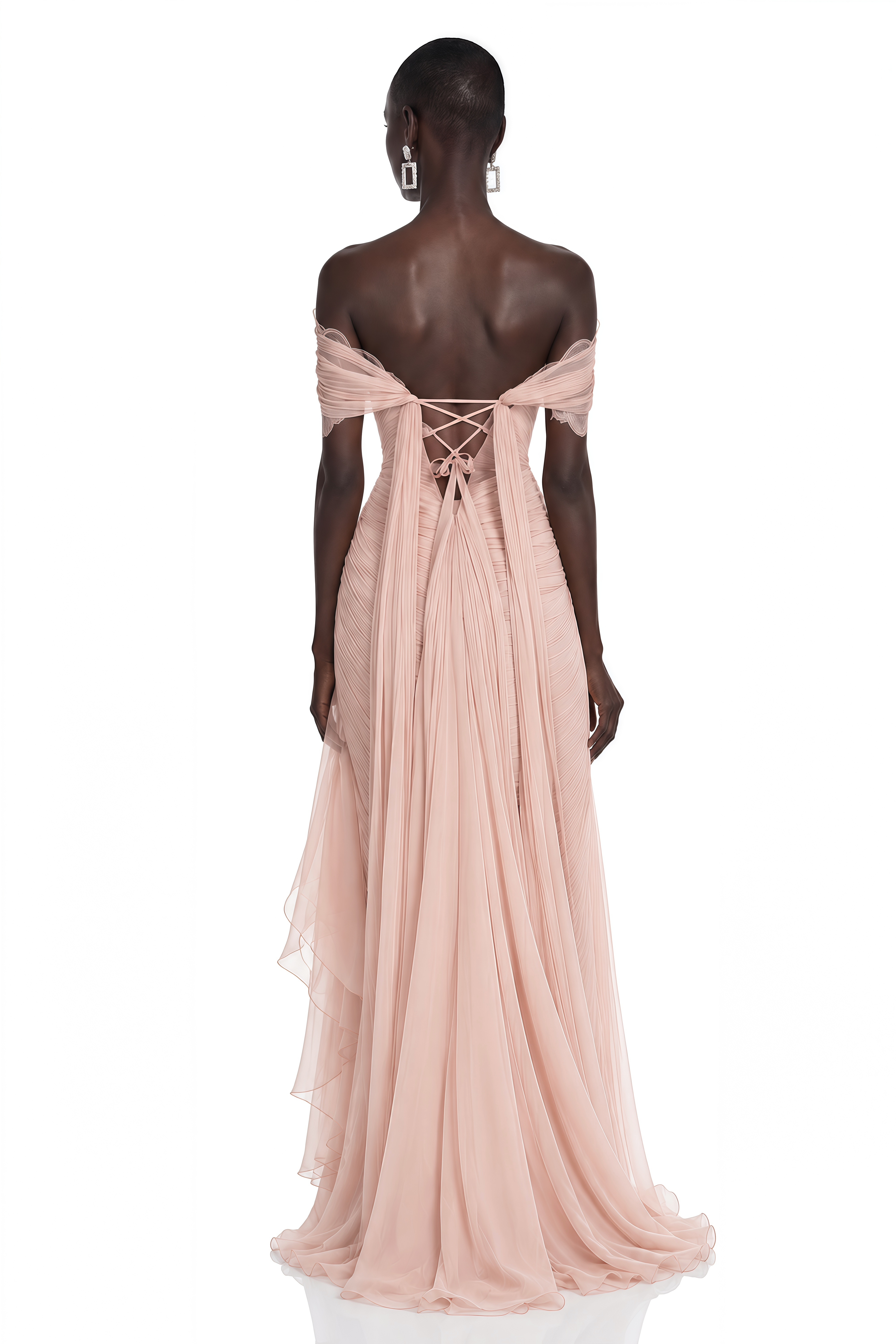 Aurembra Pink Lace Trim Off Shoulder Ruched Maxi Dress