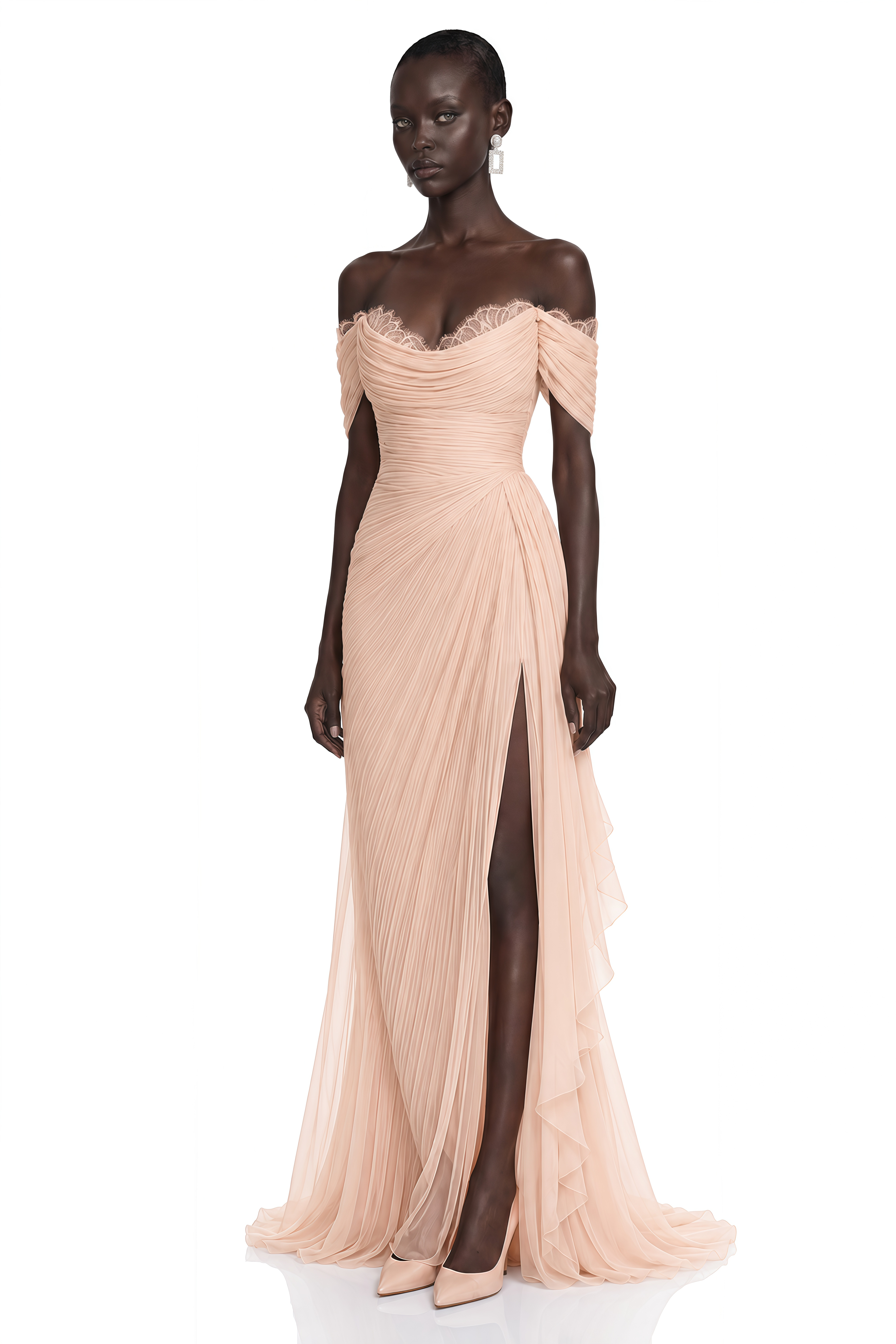 Aurembra Pink Lace Trim Off Shoulder Ruched Maxi Dress