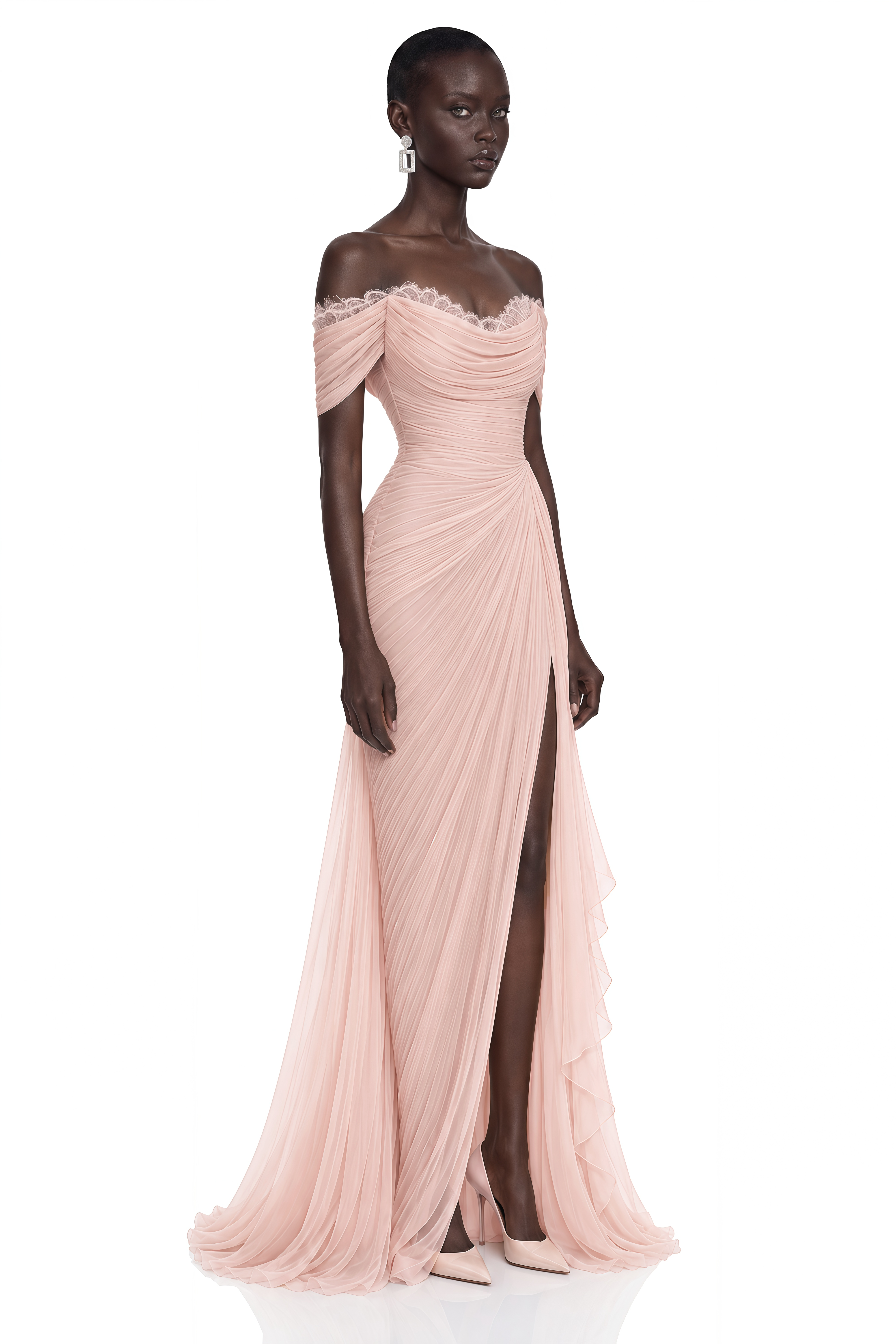 Aurembra Pink Lace Trim Off Shoulder Ruched Maxi Dress