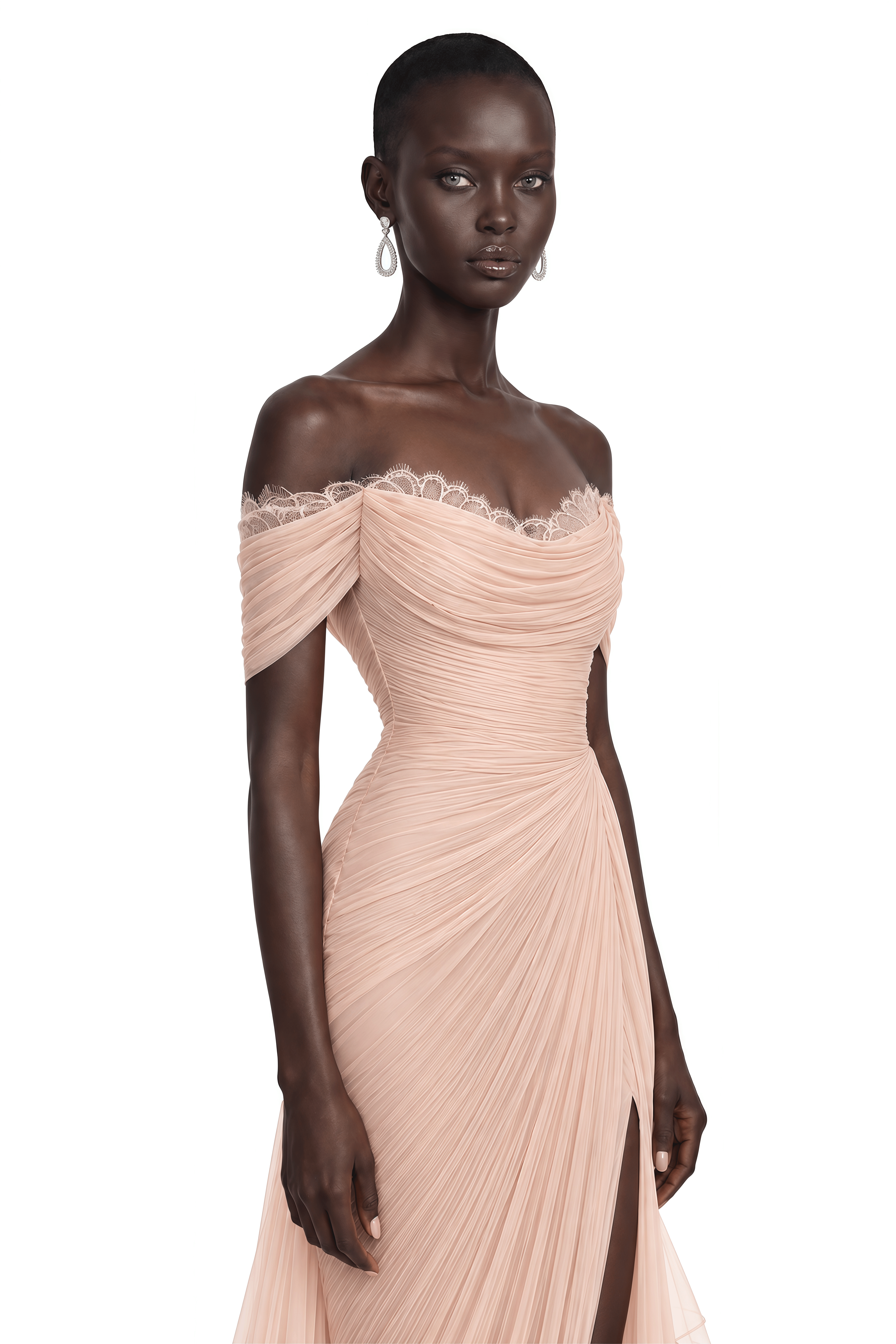 Aurembra Pink Lace Trim Off Shoulder Ruched Maxi Dress