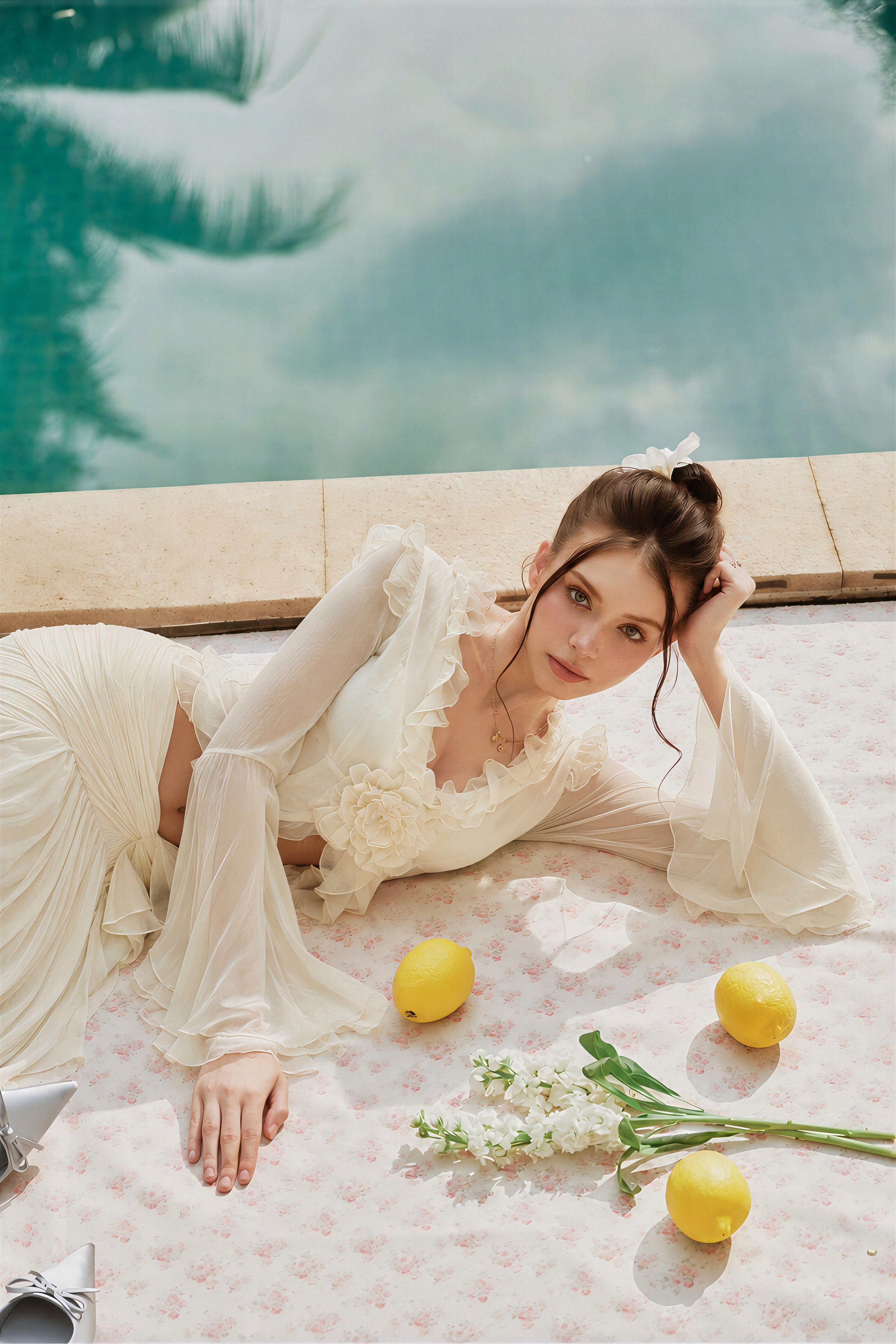 Aurora White Floral Applique Crop Top & Draped Skirt Set