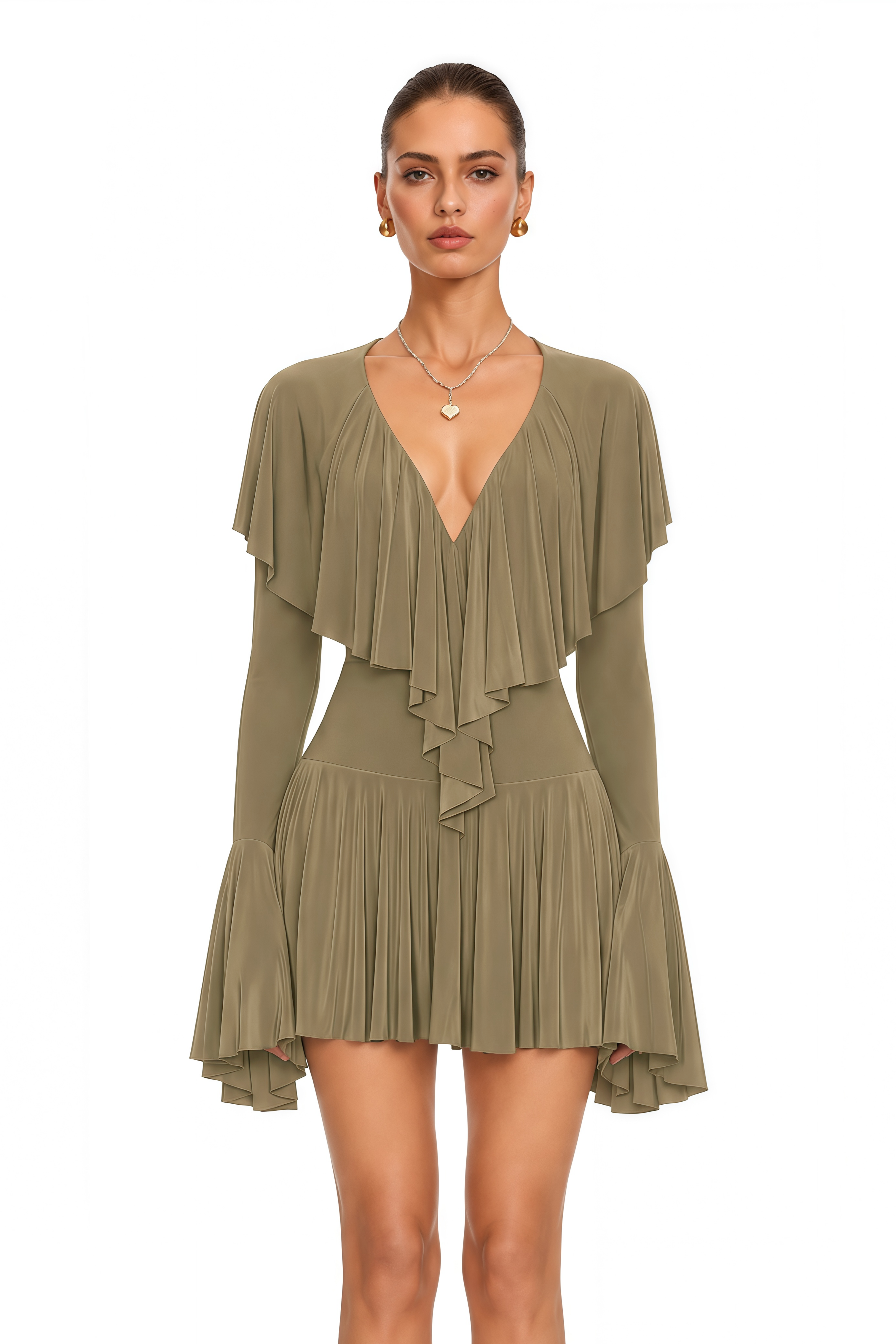Avelina Olive Green Ruffle Cape Long Sleeve Mini Dress