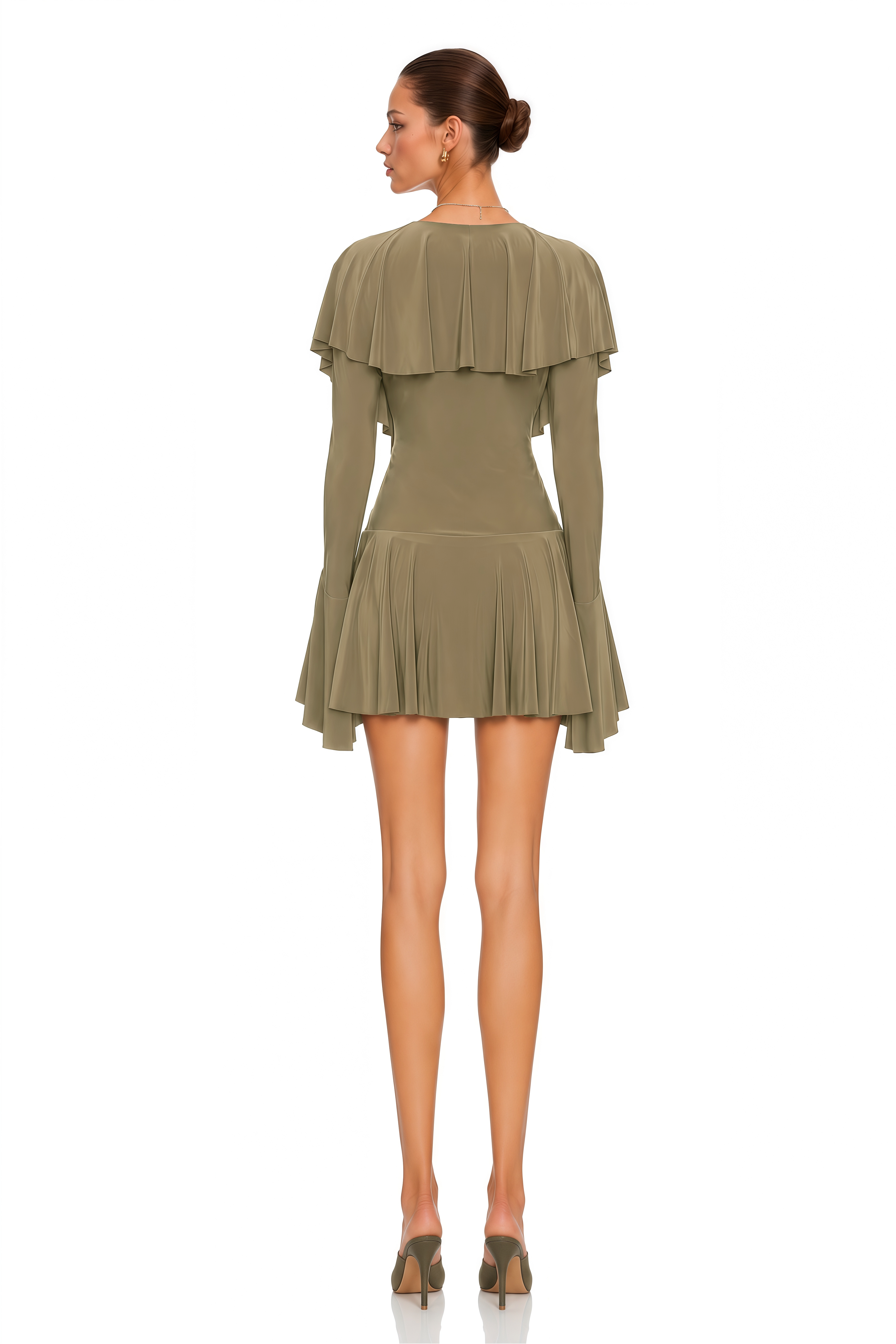 Avelina Olive Green Ruffle Cape Long Sleeve Mini Dress
