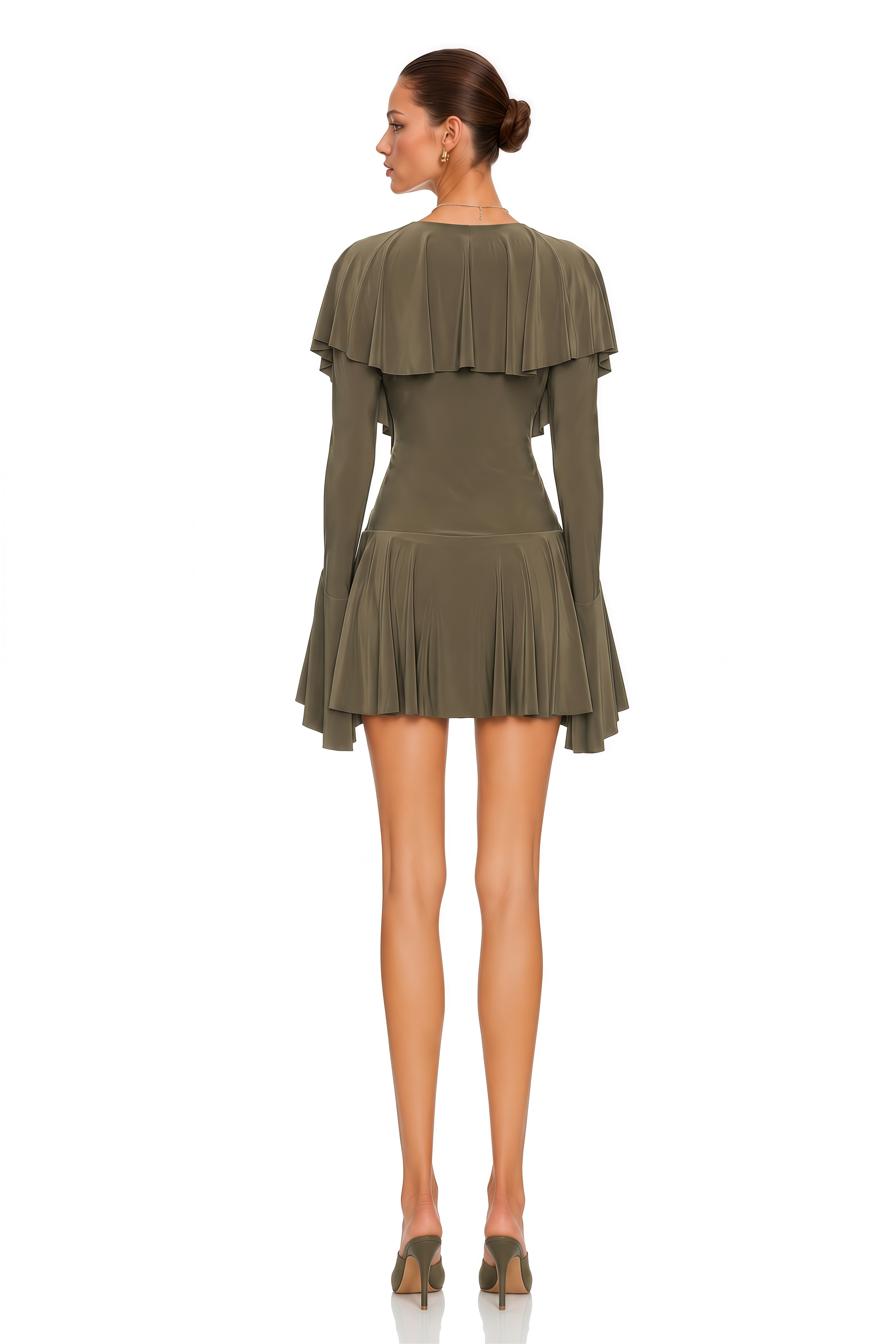 Avelina Olive Green Ruffle Cape Long Sleeve Mini Dress