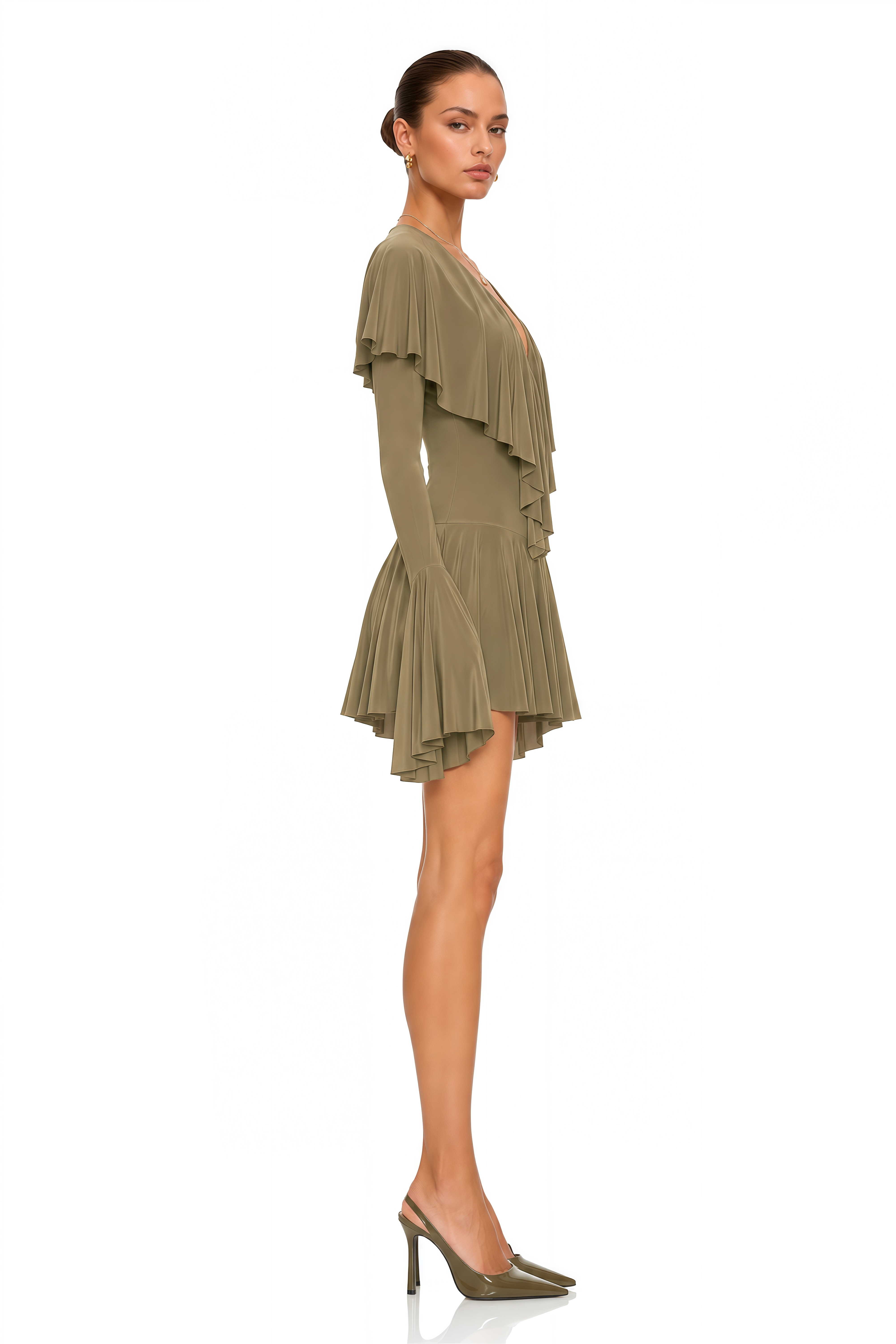 Avelina Olive Green Ruffle Cape Long Sleeve Mini Dress