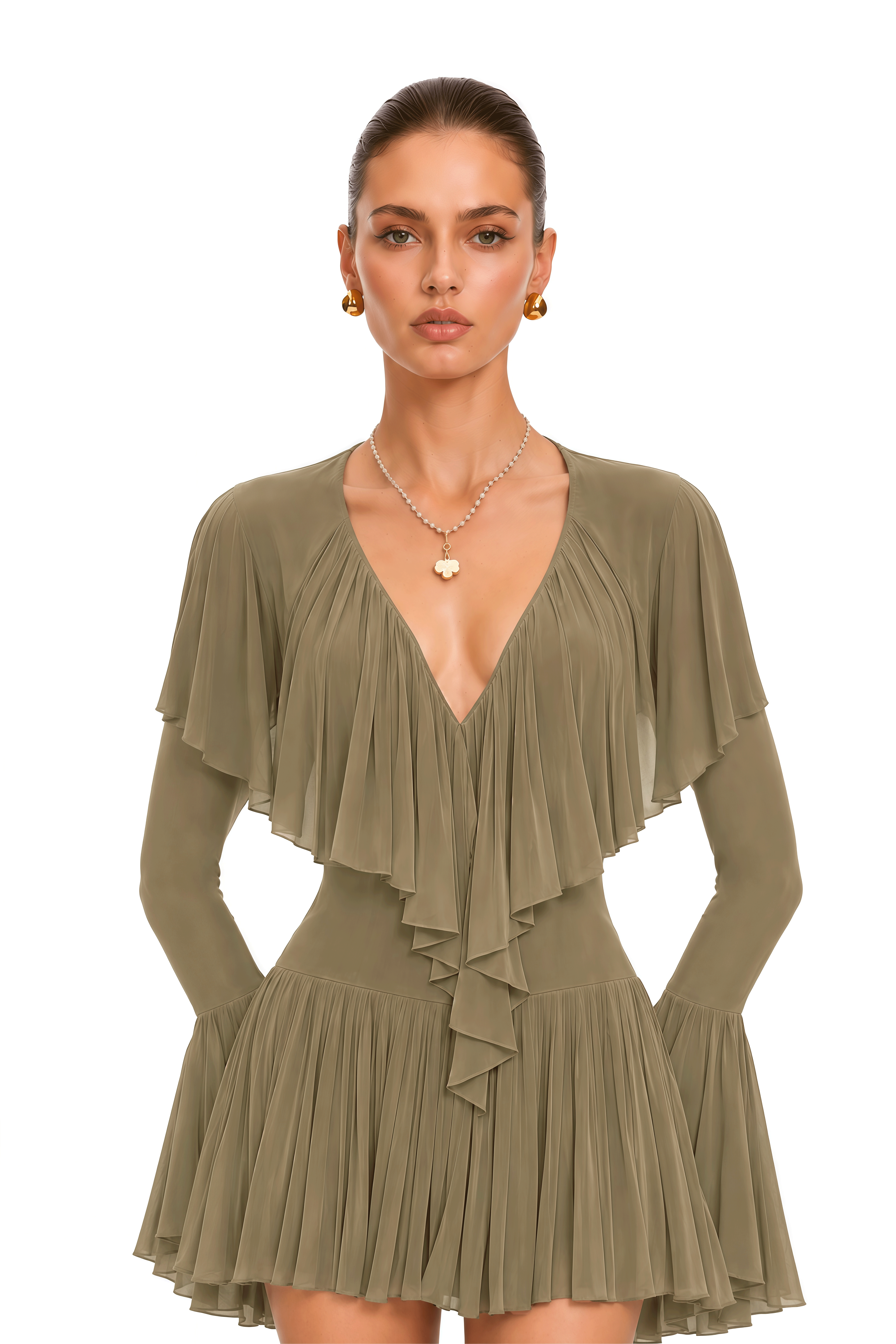 Avelina Olive Green Ruffle Cape Long Sleeve Mini Dress