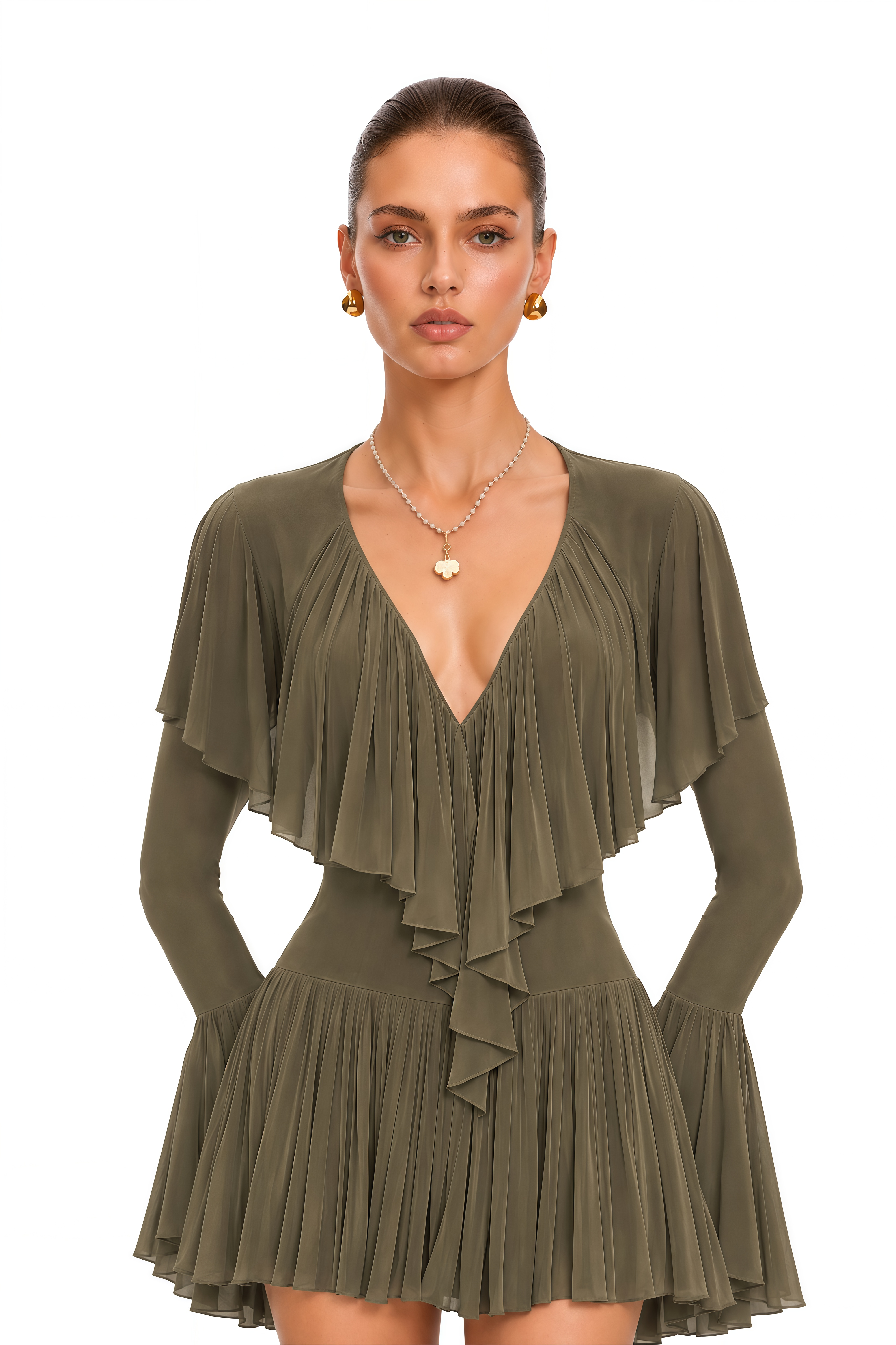 Avelina Olive Green Ruffle Cape Long Sleeve Mini Dress