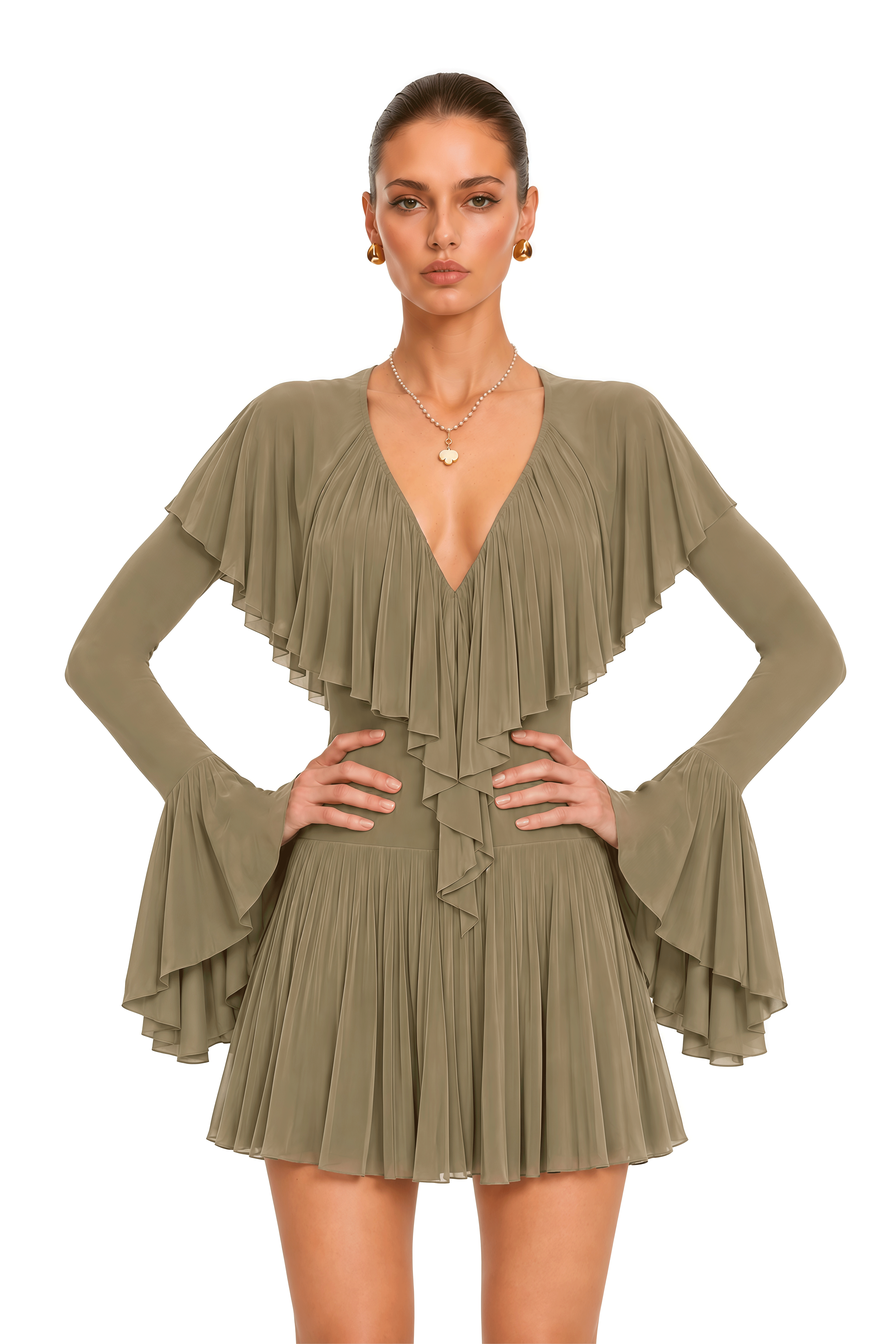 Avelina Olive Green Ruffle Cape Long Sleeve Mini Dress