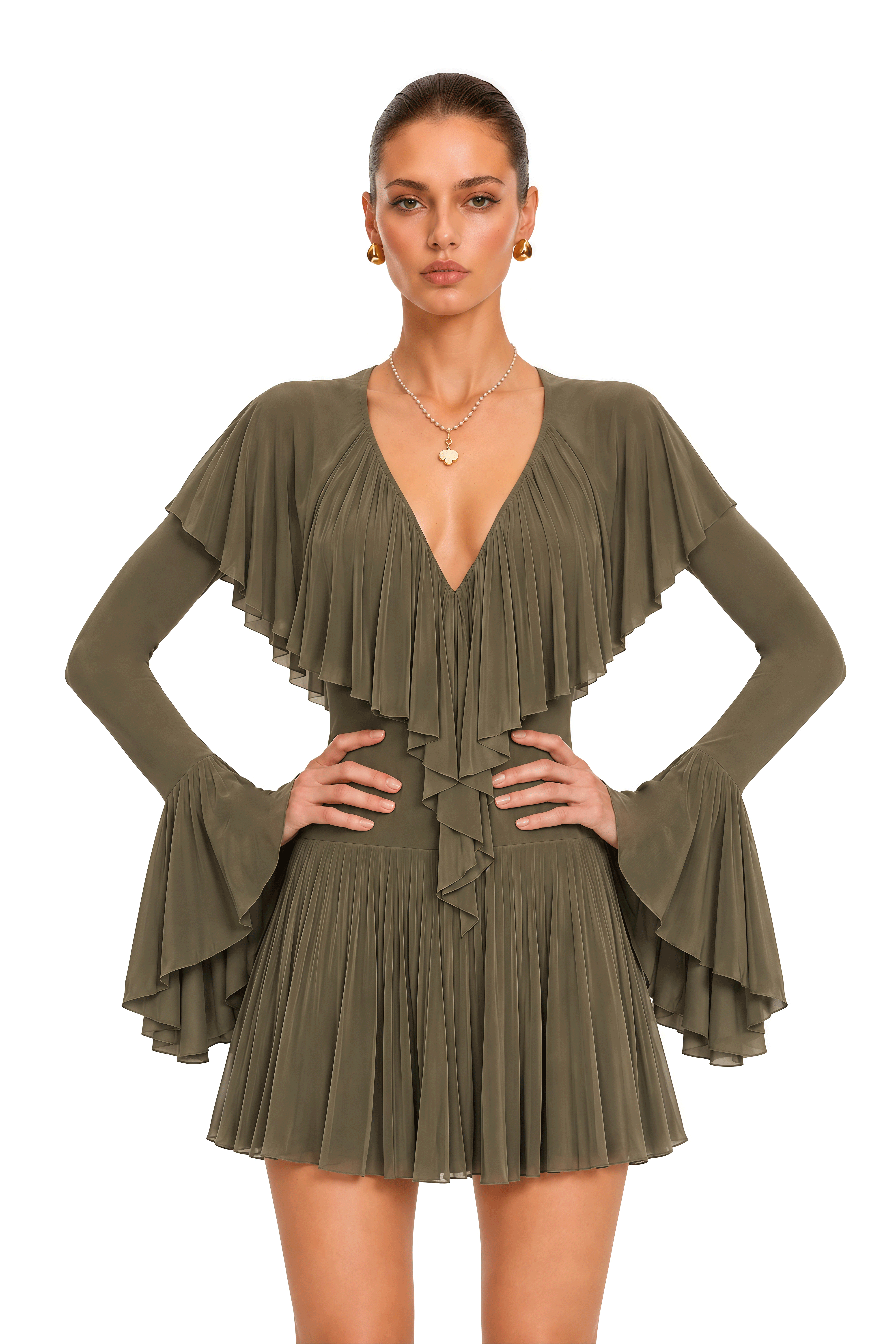 Avelina Olive Green Ruffle Cape Long Sleeve Mini Dress