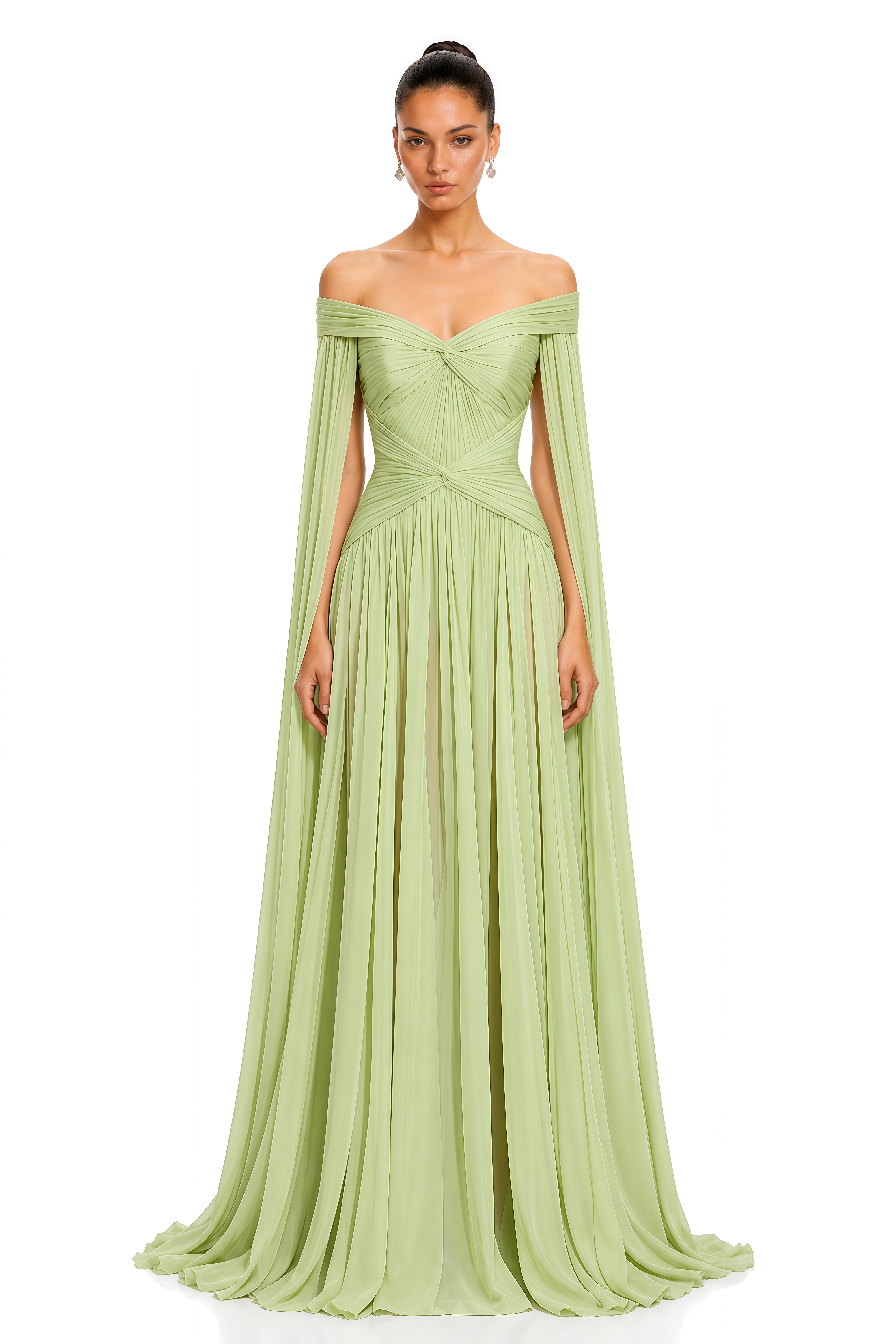 Aveline Light Green Draped Cape Sleeve Maxi Dress