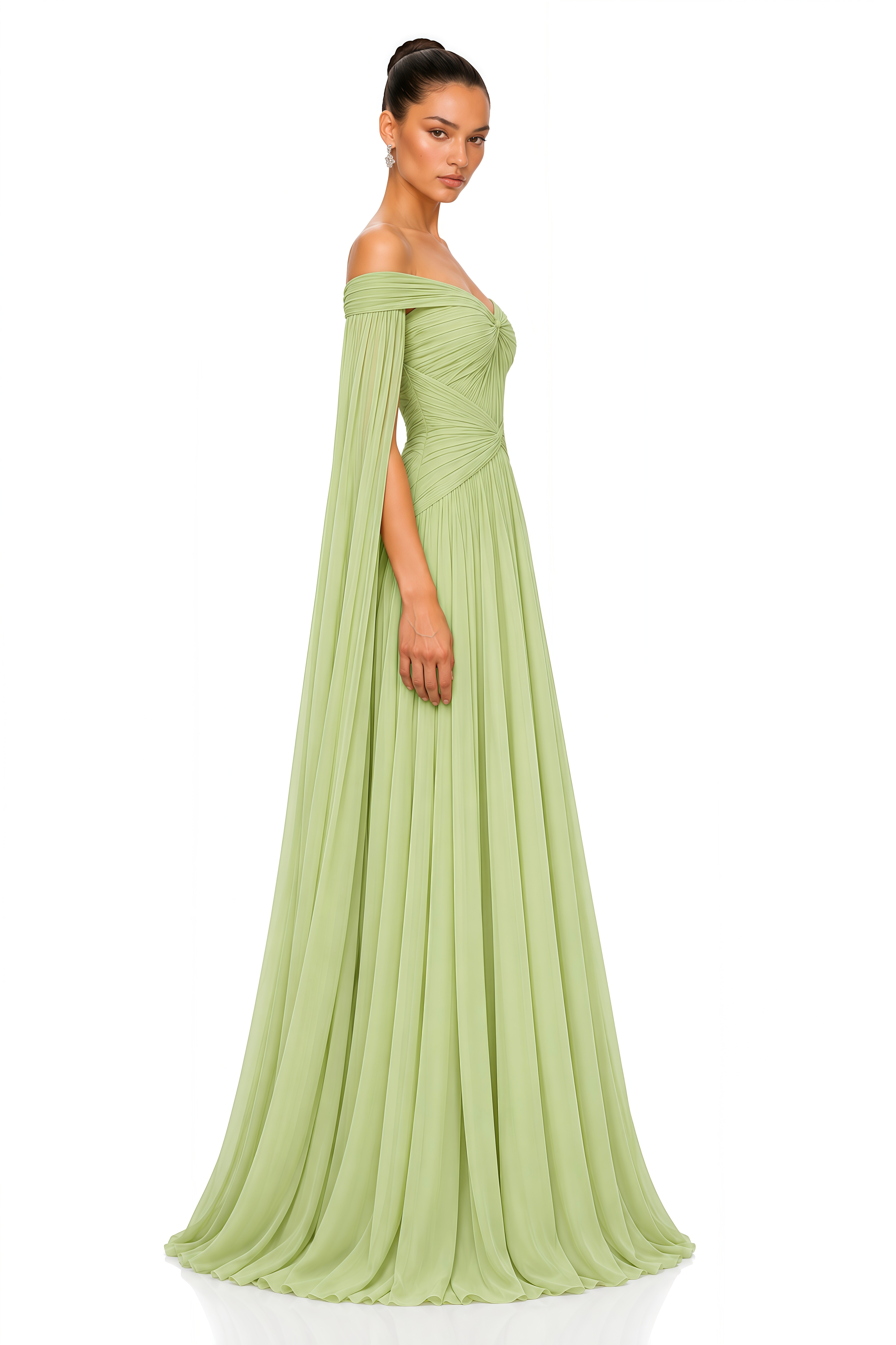 Aveline Light Green Draped Cape Sleeve Maxi Dress