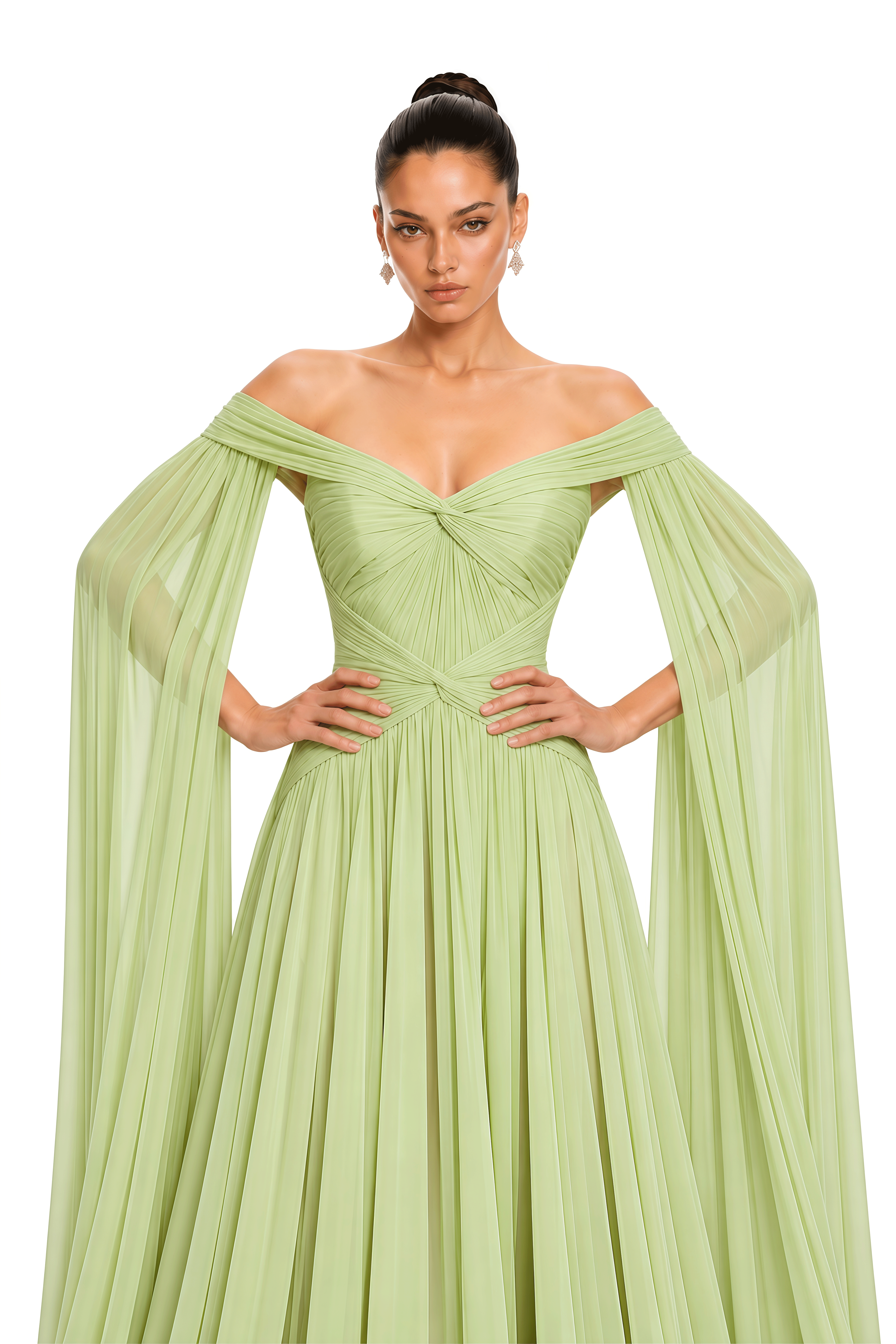 Aveline Light Green Draped Cape Sleeve Maxi Dress