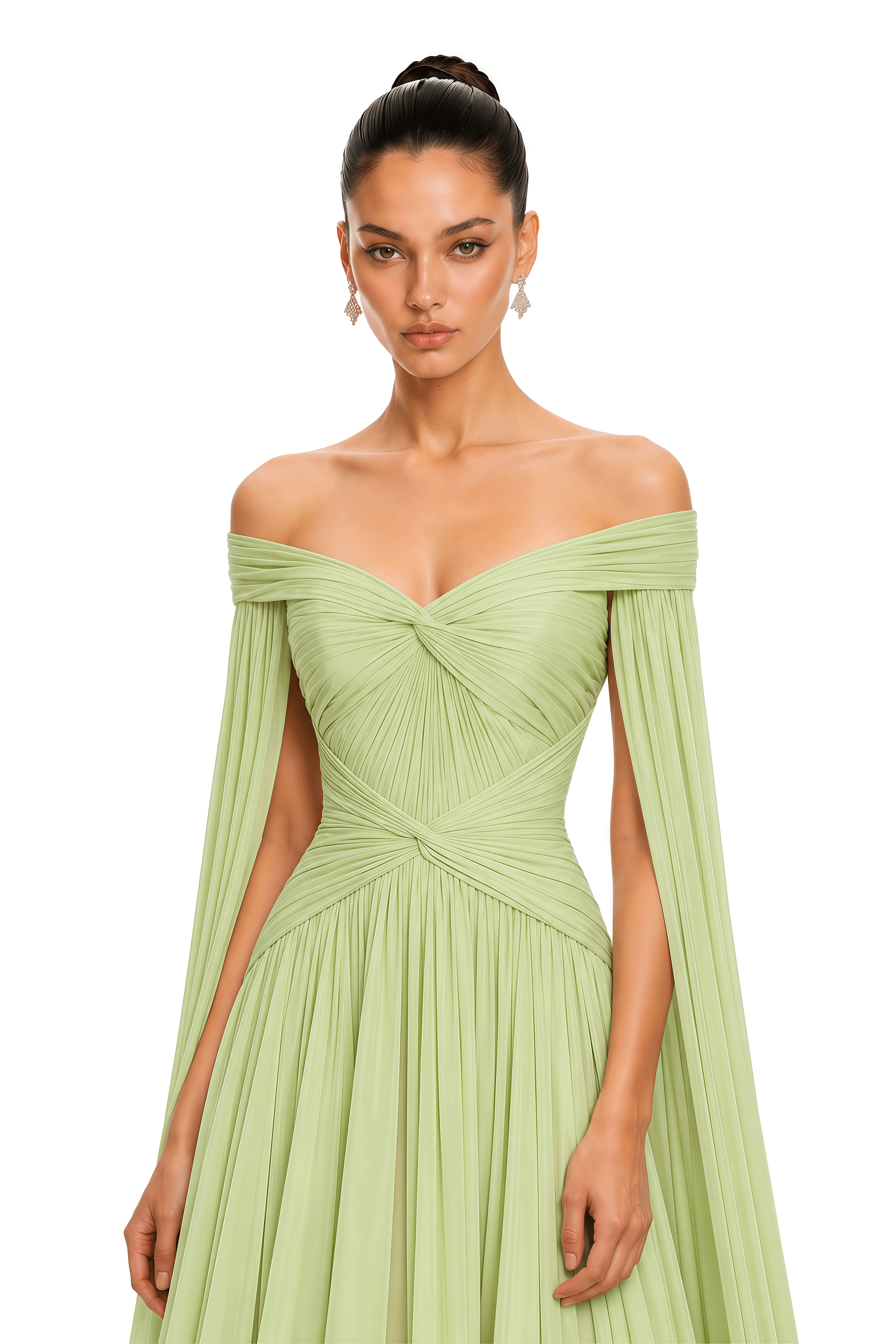 Aveline Light Green Draped Cape Sleeve Maxi Dress