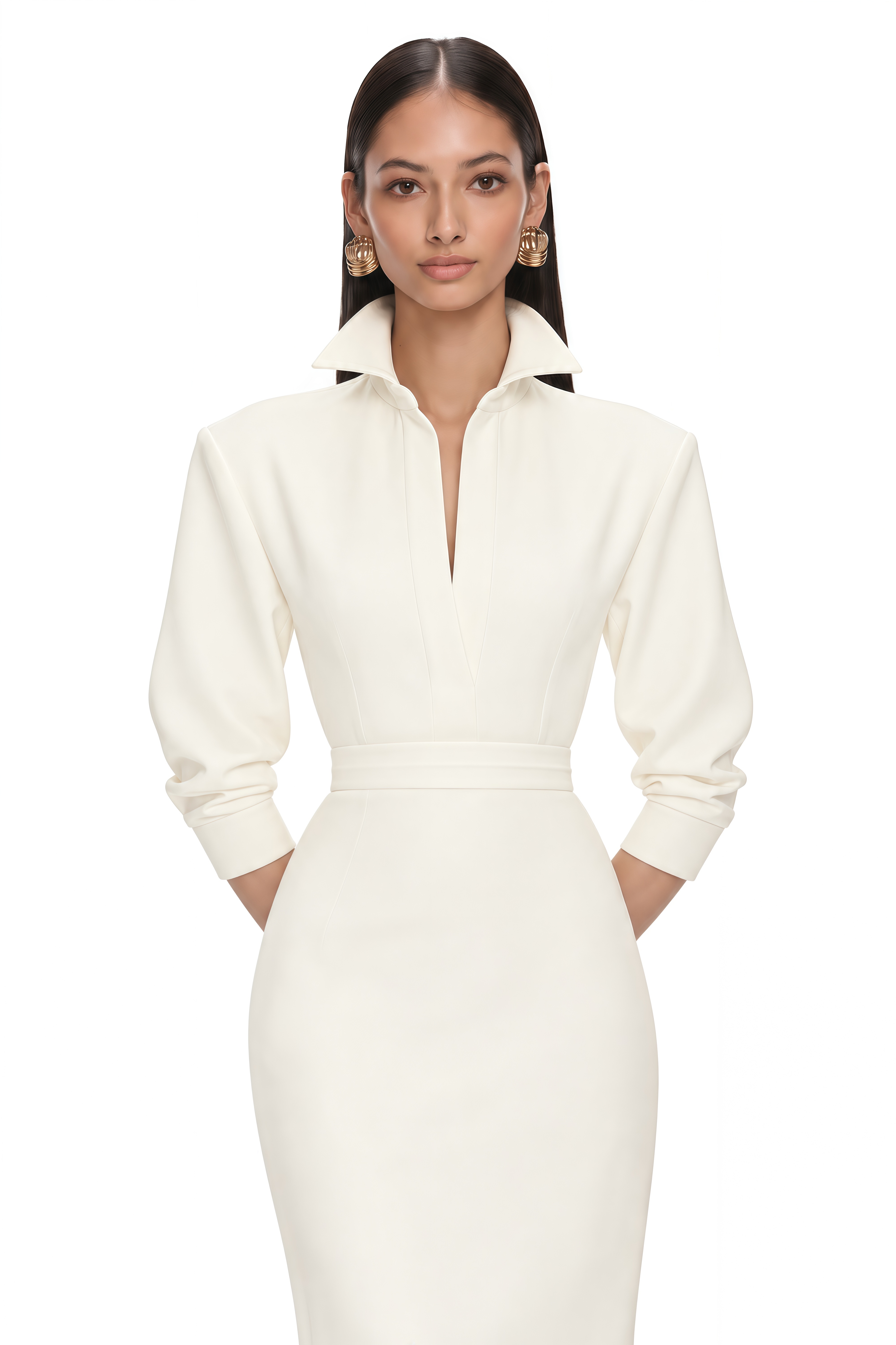 Avelise Ivory Collared Tailored Midi Dress