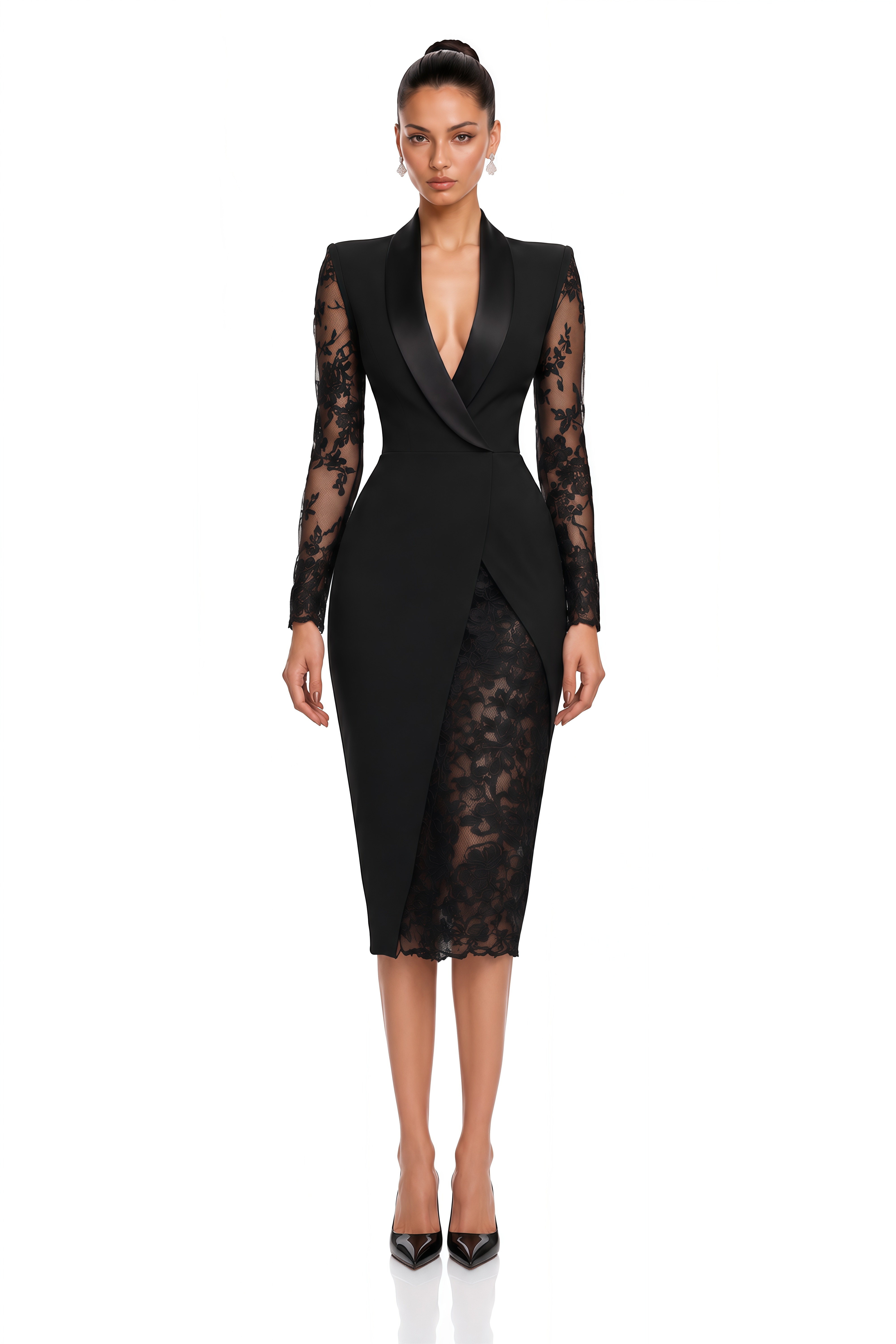 Avelisse Black Lace Sleeve Blazer Midi Dress