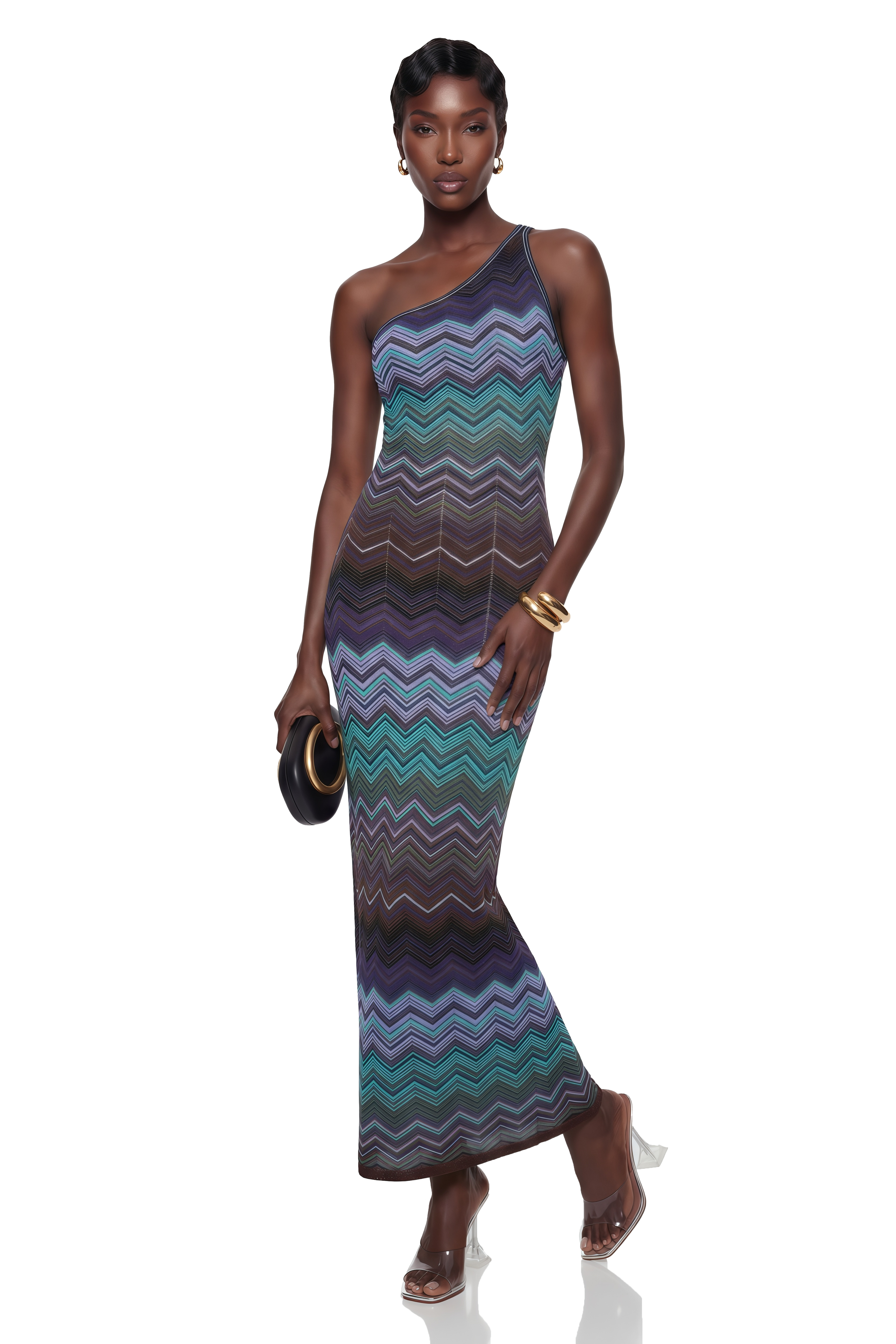 Avery Blue Knit Maxi Dress with Wave Pattern