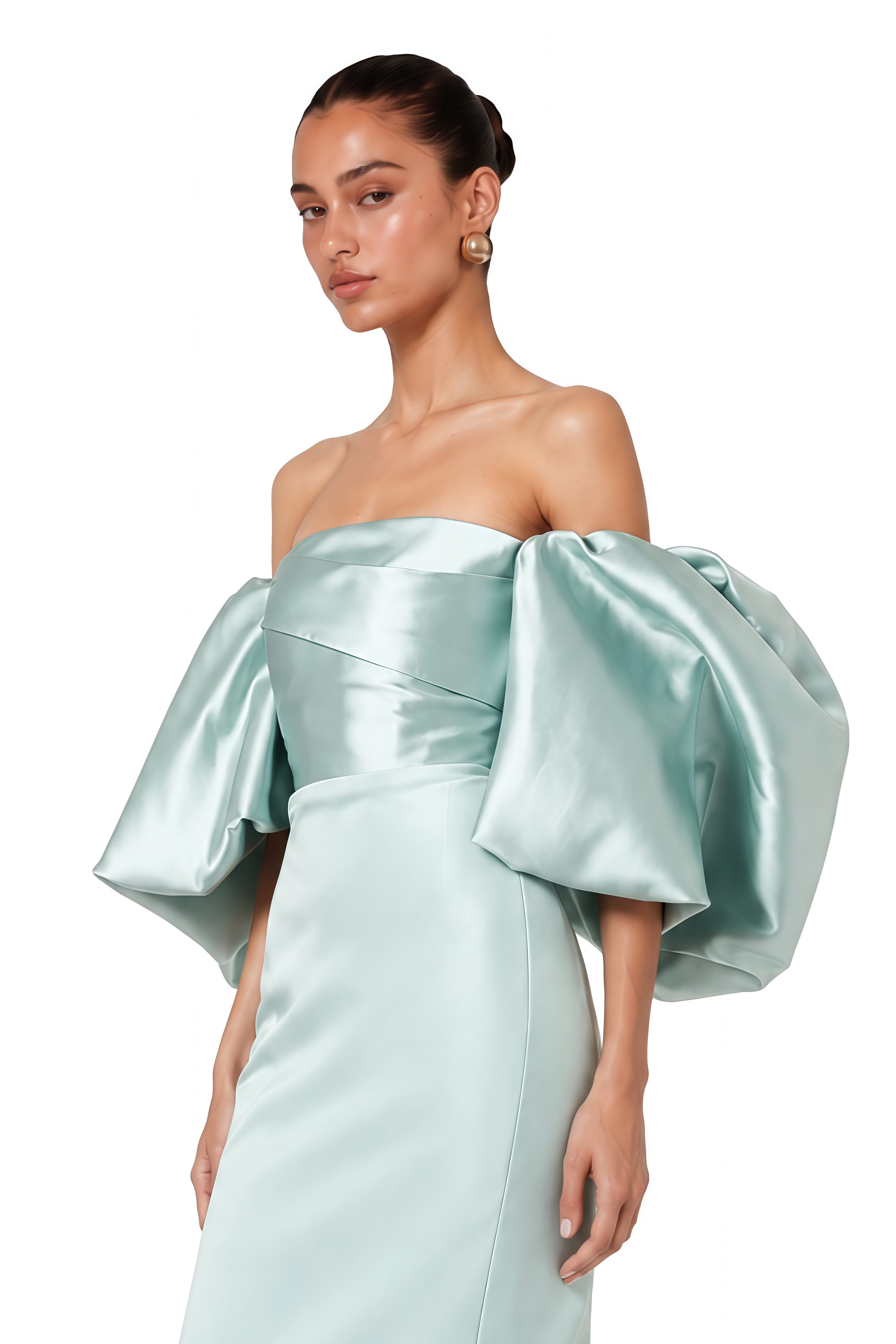 Avery Mint Green Off Shoulder Puff Sleeve Satin Maxi Dress