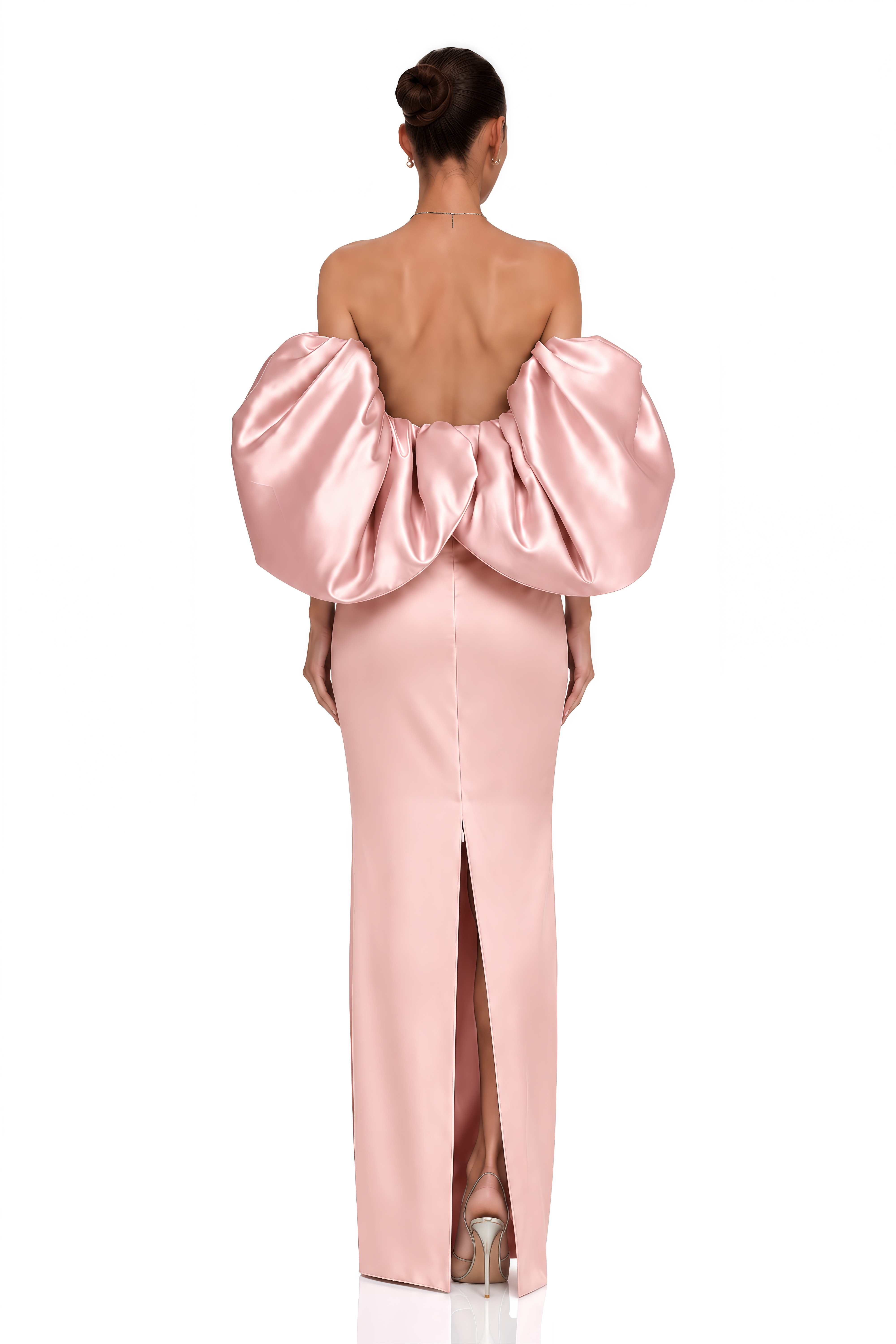 Avery Pink Off Shoulder Puff Sleeve Satin Maxi Dress