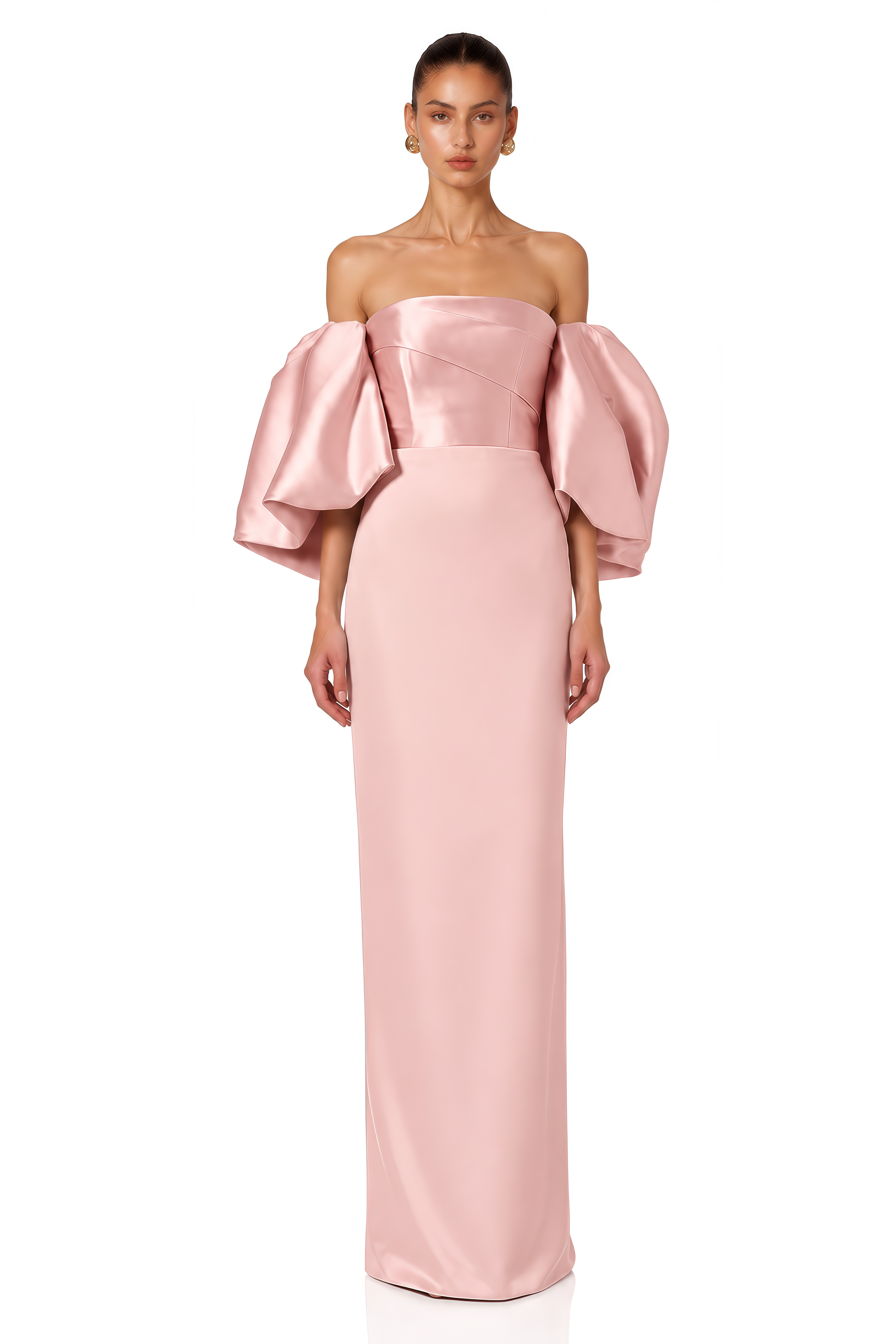 Avery Pink Off Shoulder Puff Sleeve Satin Maxi Dress