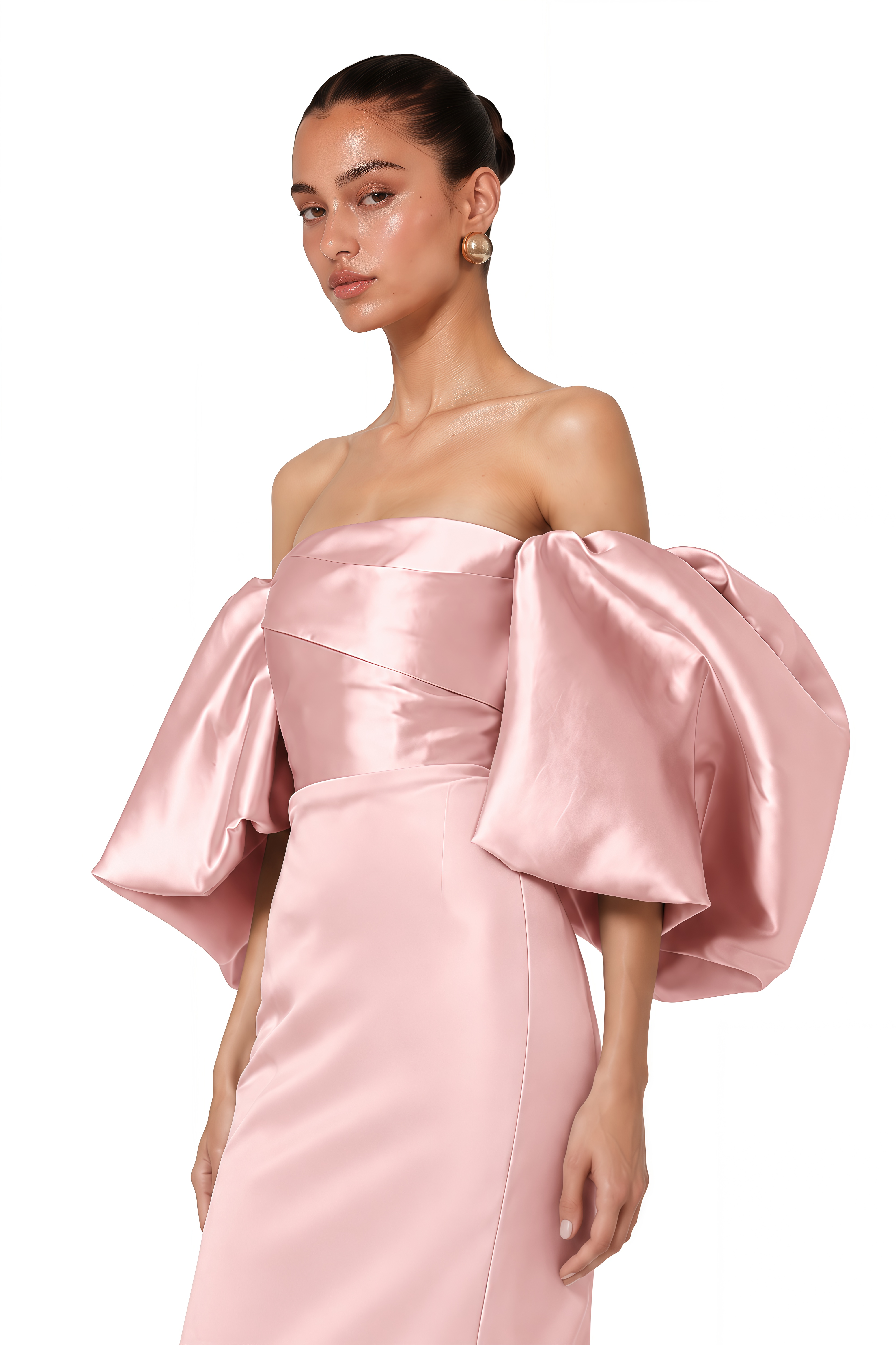 Avery Pink Off Shoulder Puff Sleeve Satin Maxi Dress