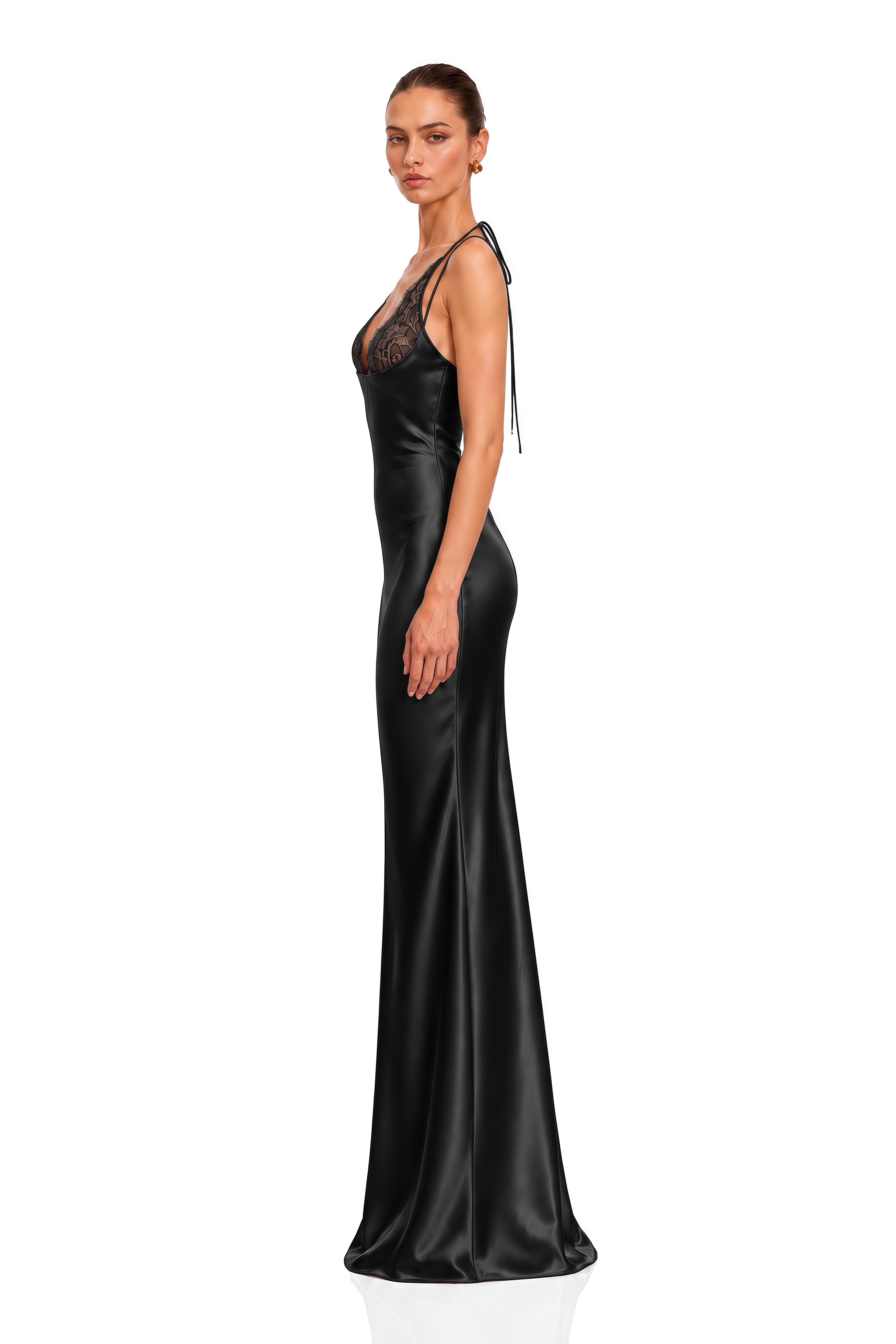 Avielle Black Lace Halterneck Satin Maxi Dress