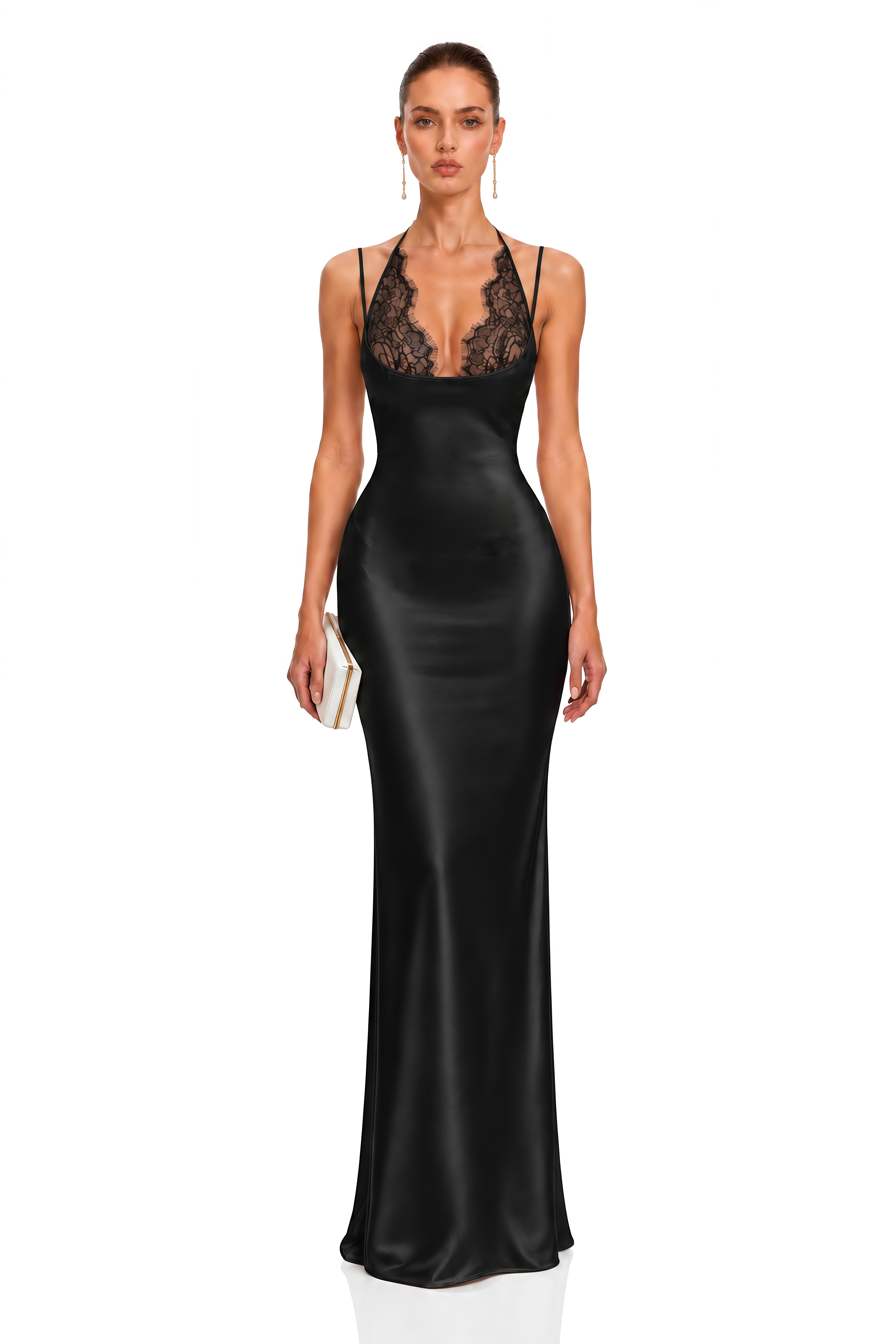 Avielle Black Lace Halterneck Satin Maxi Dress