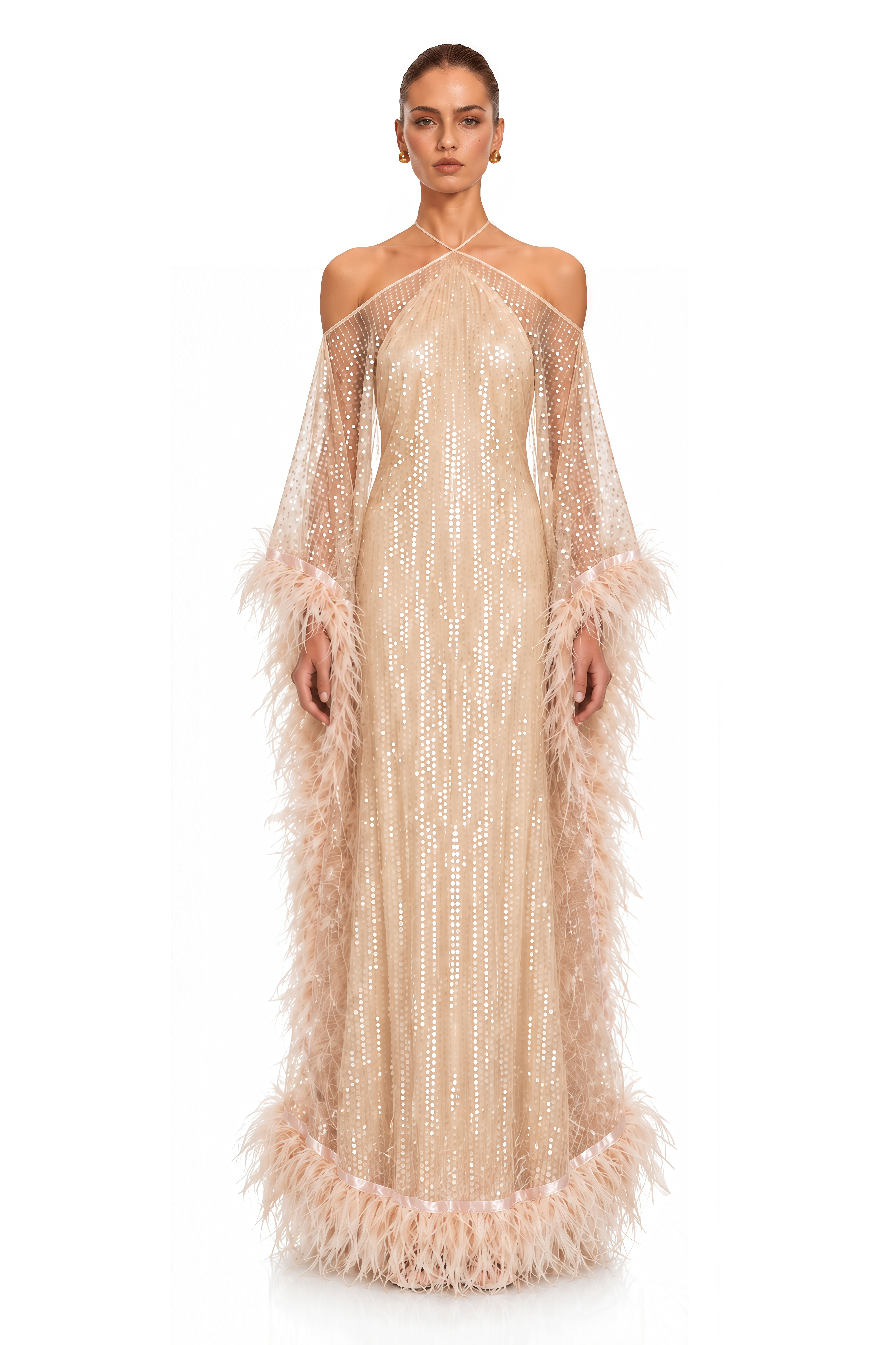 Avneet Champagne Sequin Feather Trim Maxi Dress