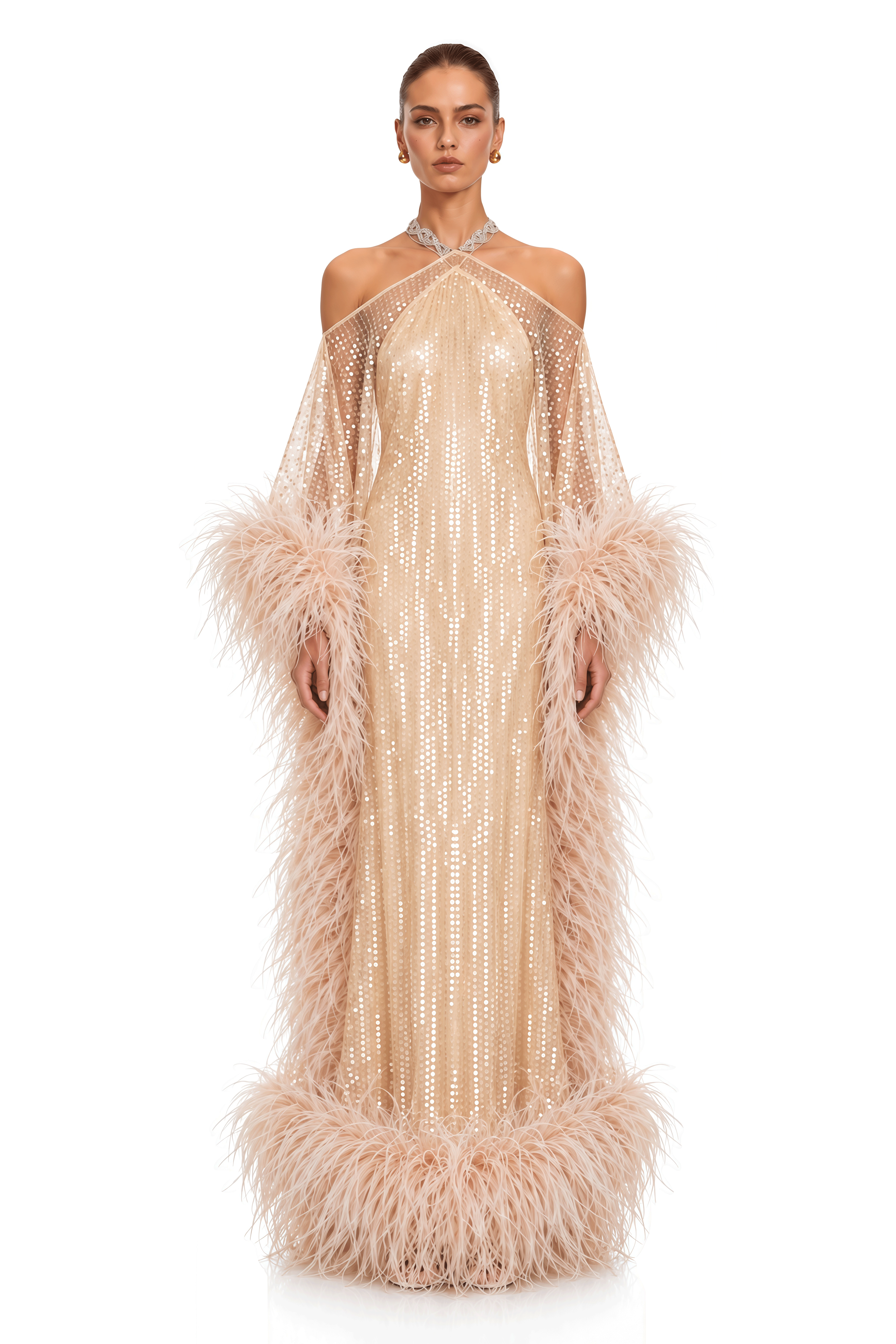 Avneet Champagne Sequin Feather Trim Maxi Dress