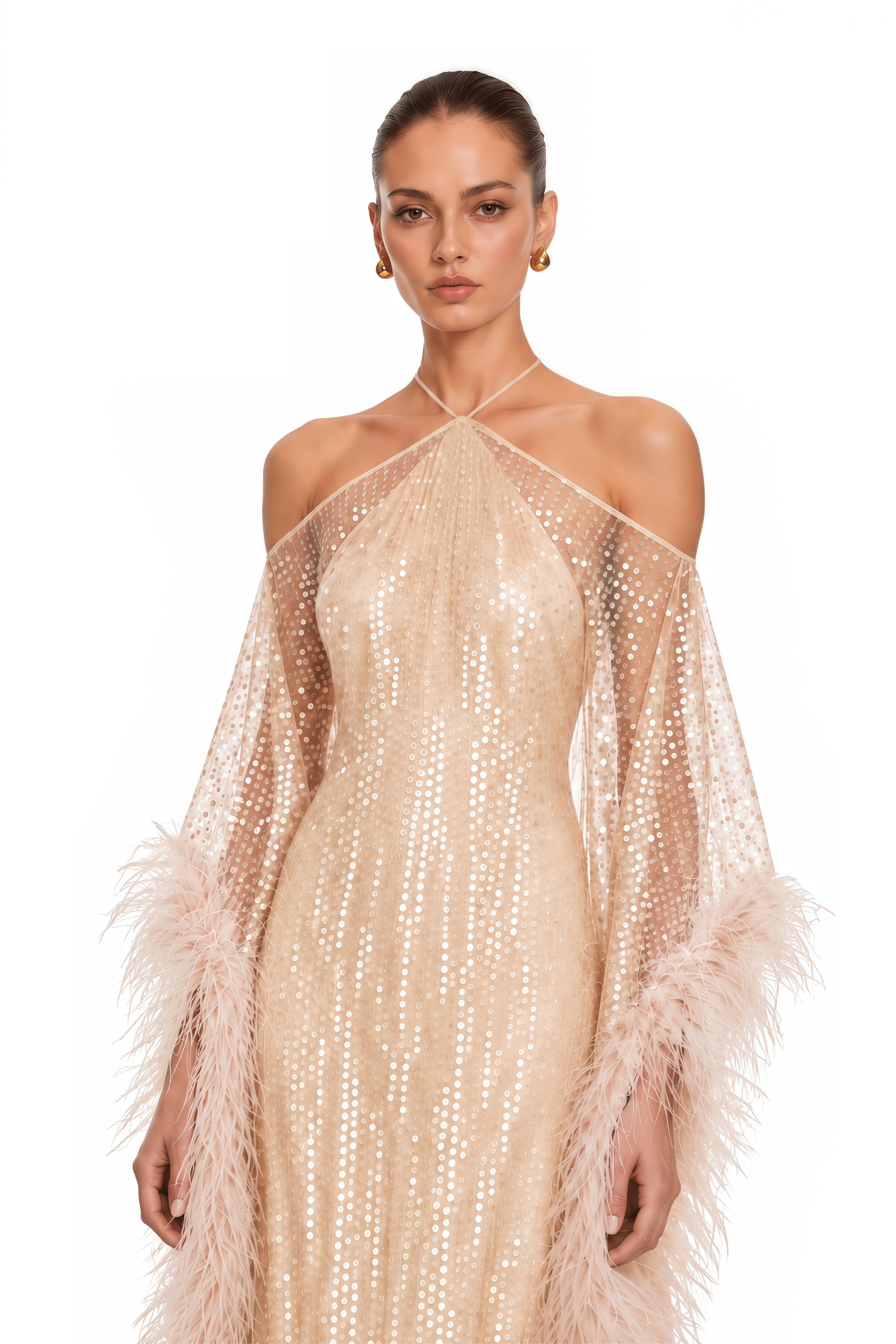 Avneet Champagne Sequin Feather Trim Maxi Dress