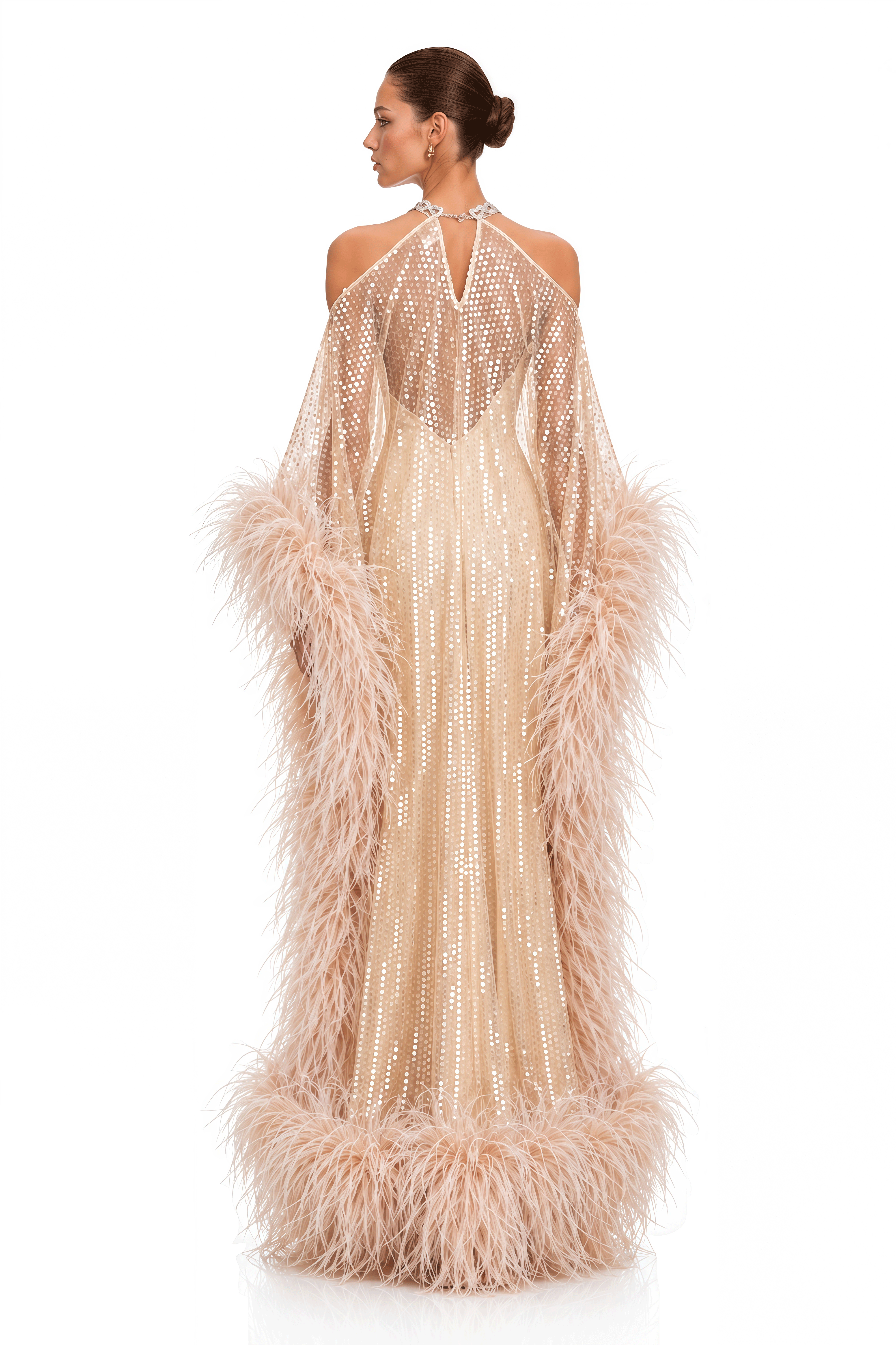 Avneet Champagne Sequin Feather Trim Maxi Dress