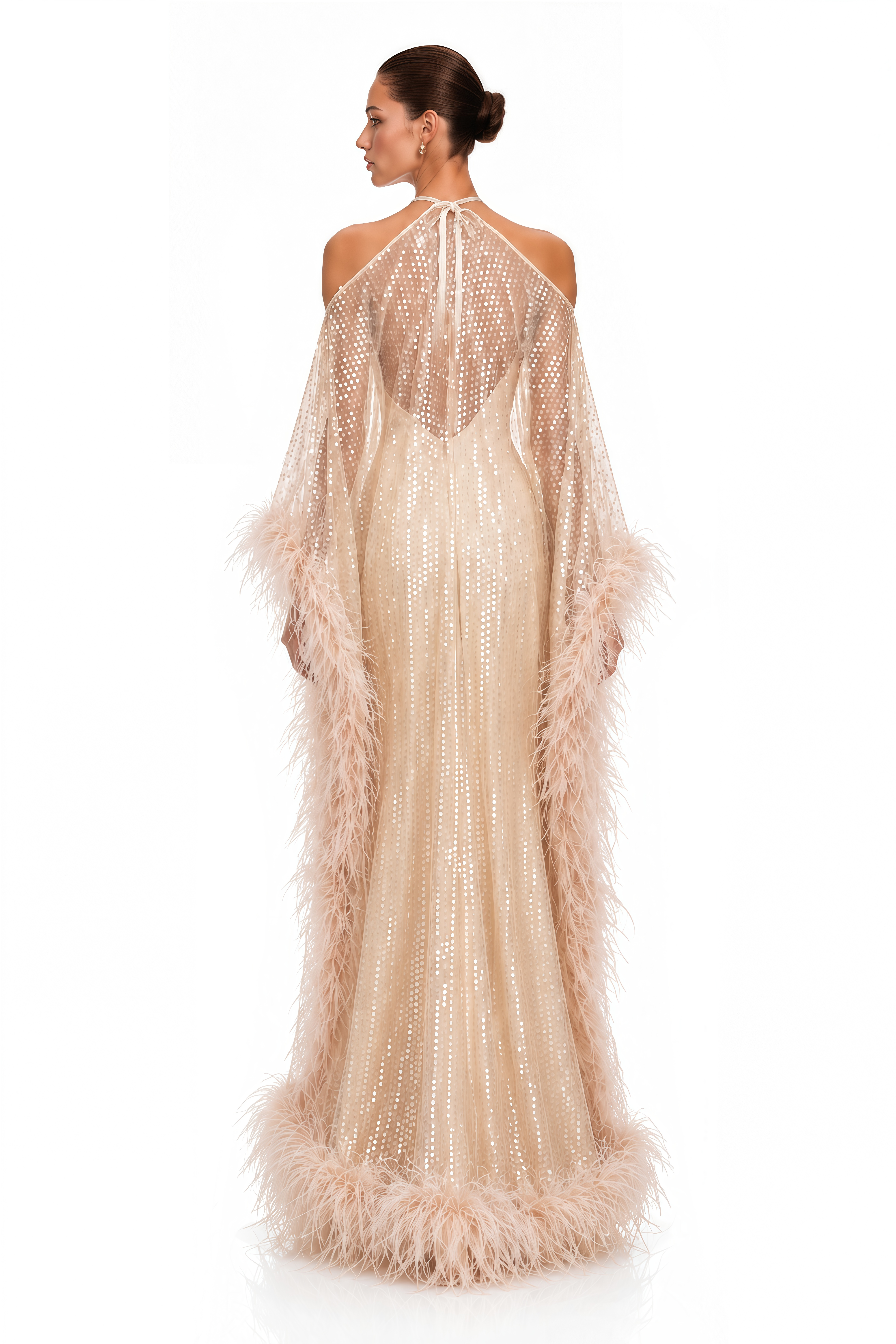 Avneet Champagne Sequin Feather Trim Maxi Dress