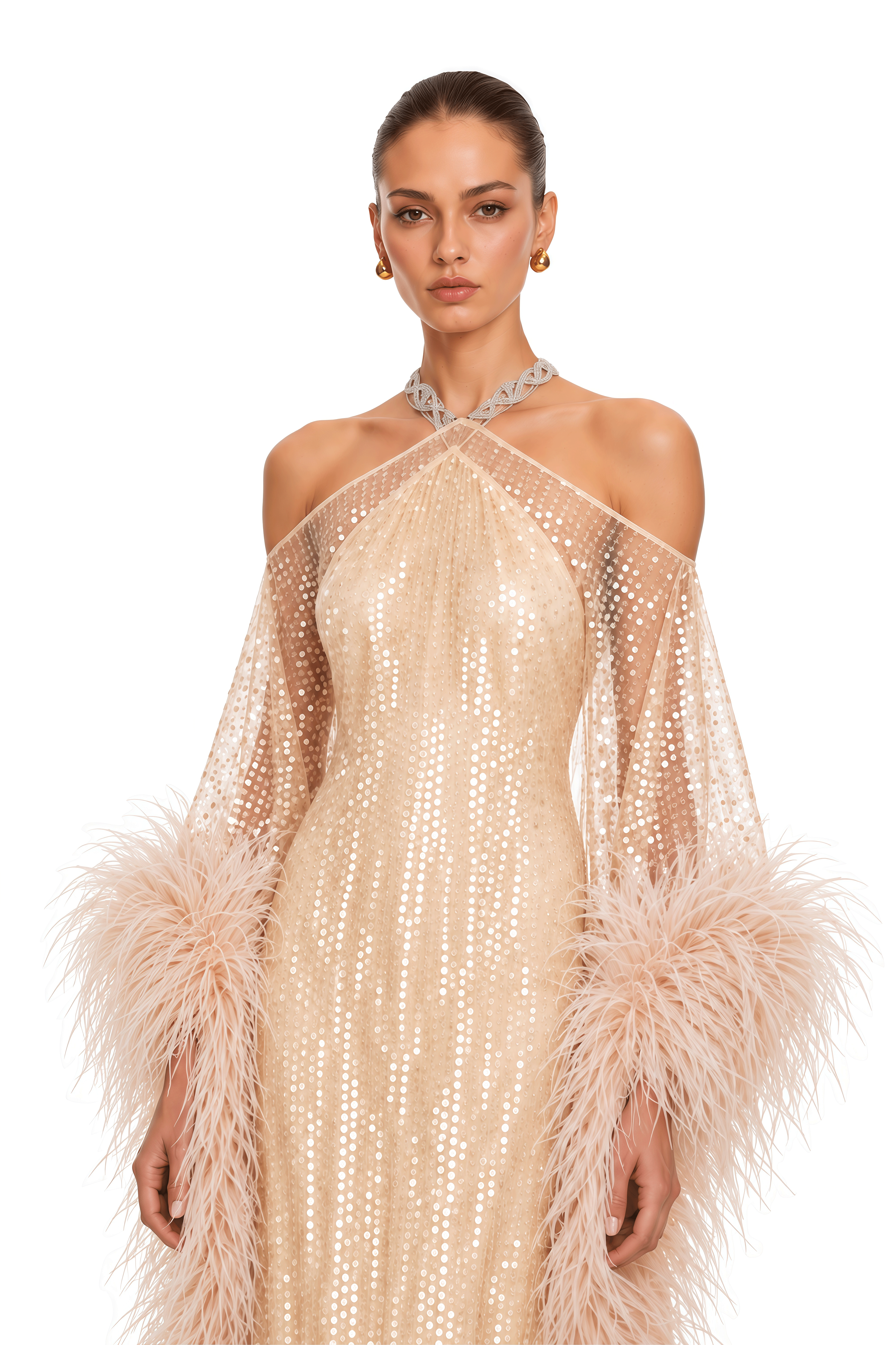 Avneet Champagne Sequin Feather Trim Maxi Dress