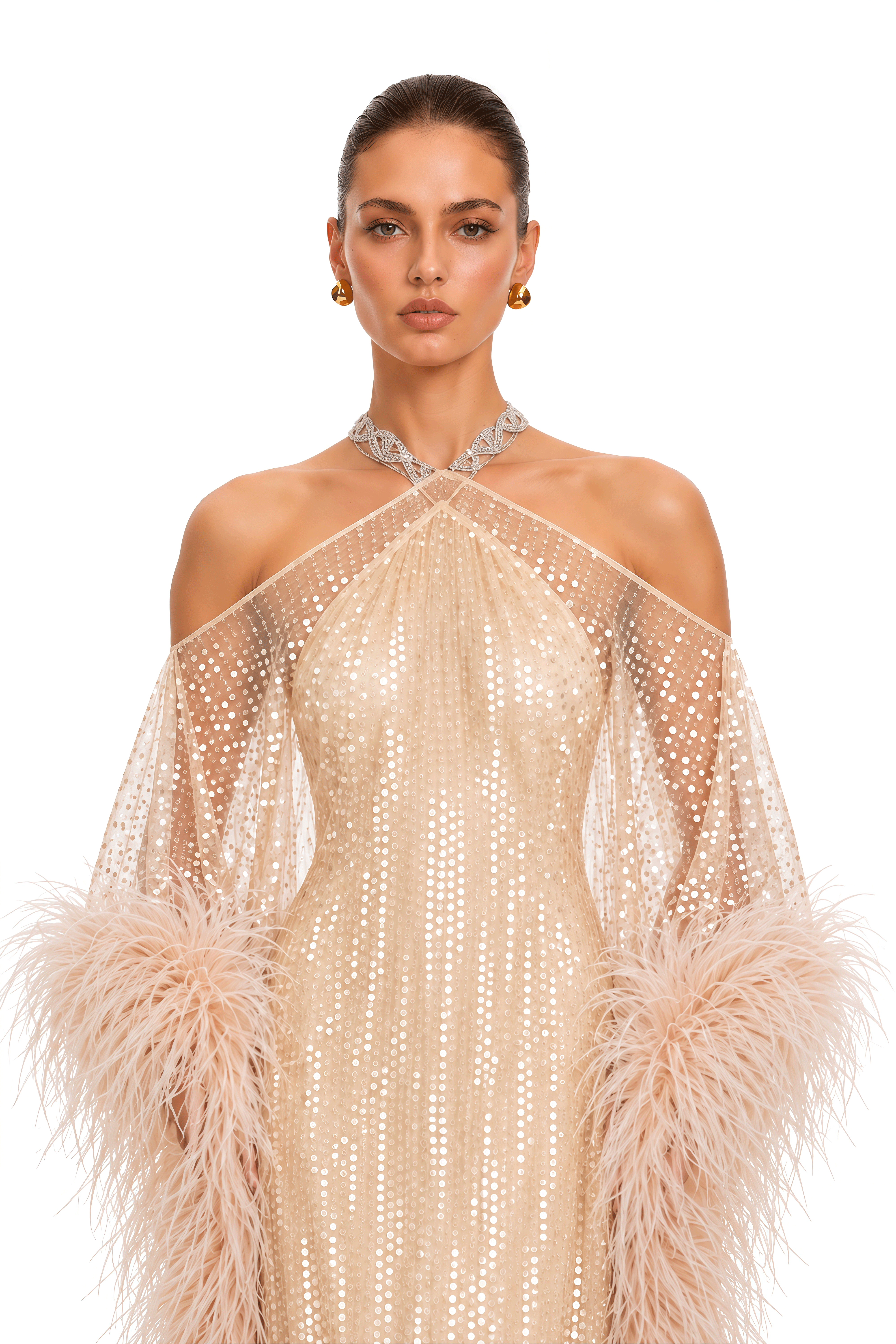 Avneet Champagne Sequin Feather Trim Maxi Dress