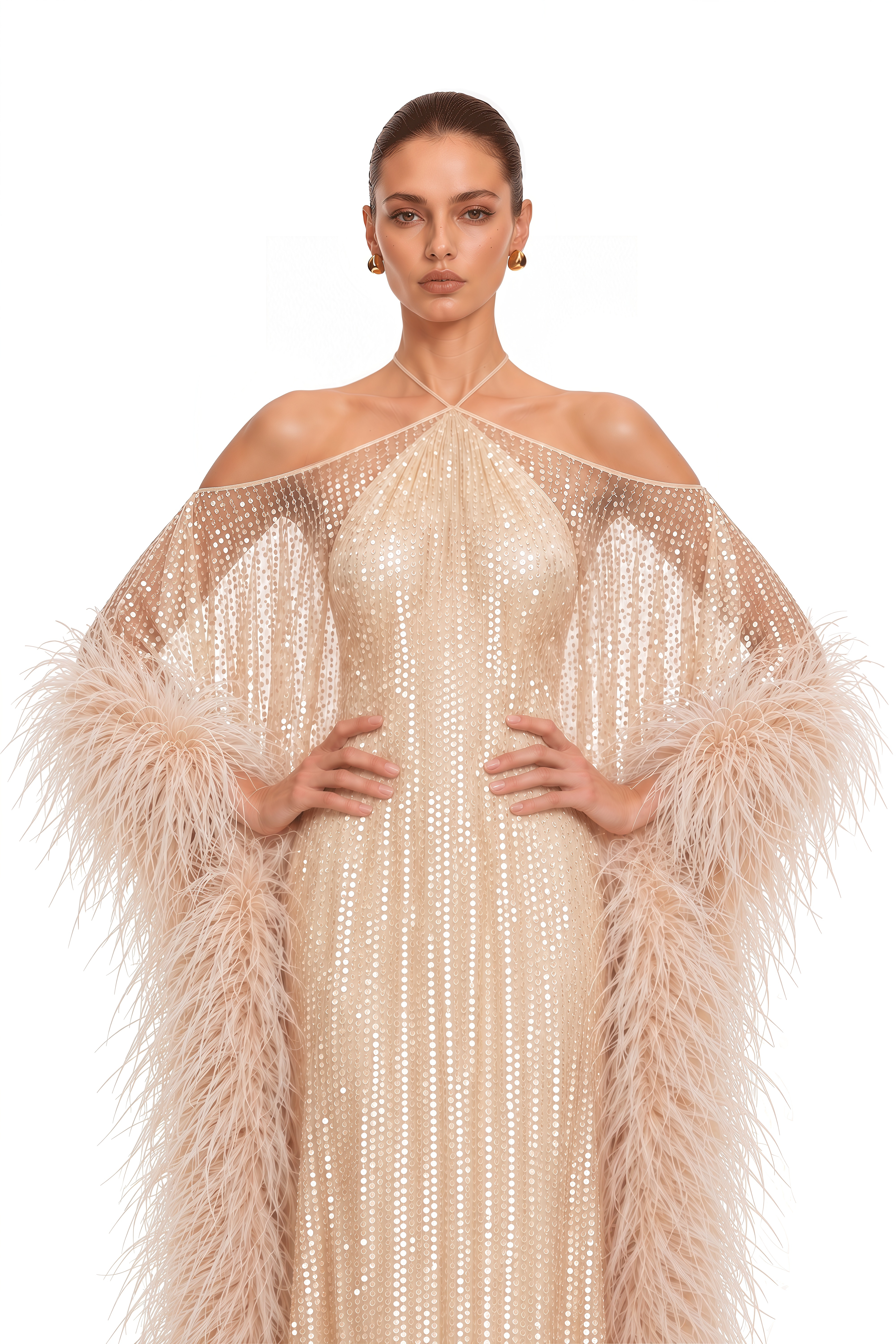 Avneet Champagne Sequin Feather Trim Maxi Dress