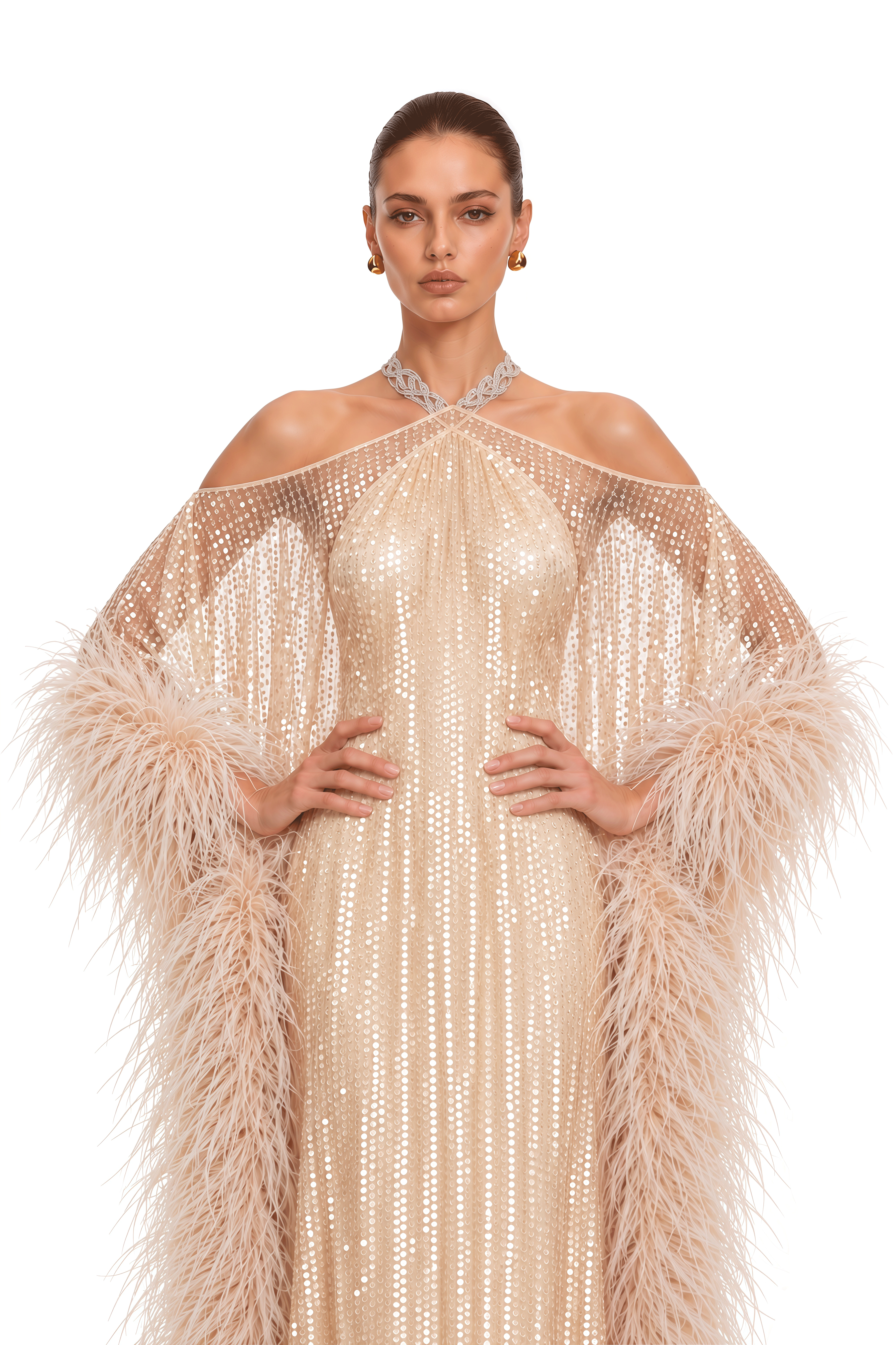 Avneet Champagne Sequin Feather Trim Maxi Dress