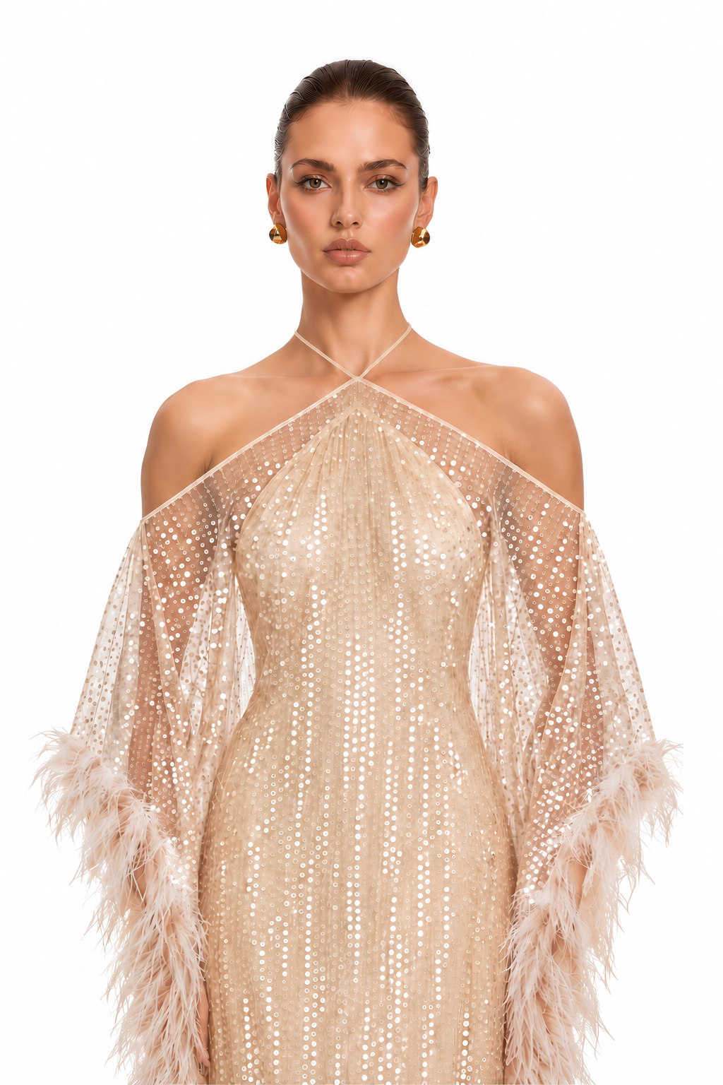 Avneet Champagne Sequin Feather Trim Maxi Dress